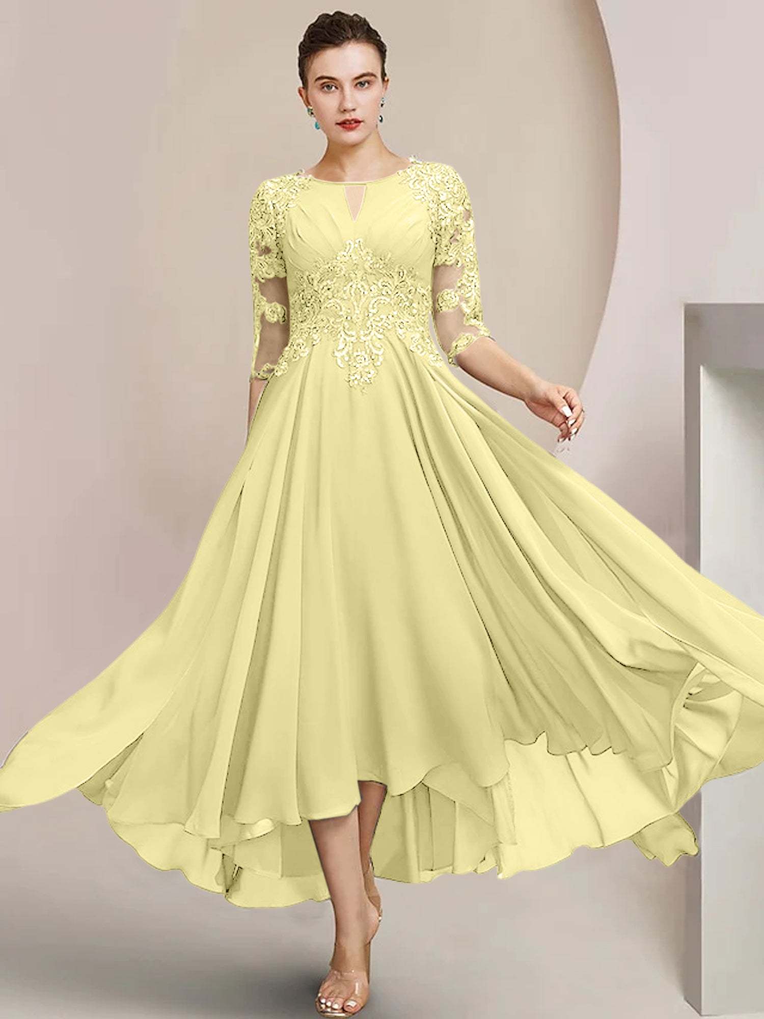 Scoop Neck Tea-Length A-Line Mother of the Bride Princess Dress