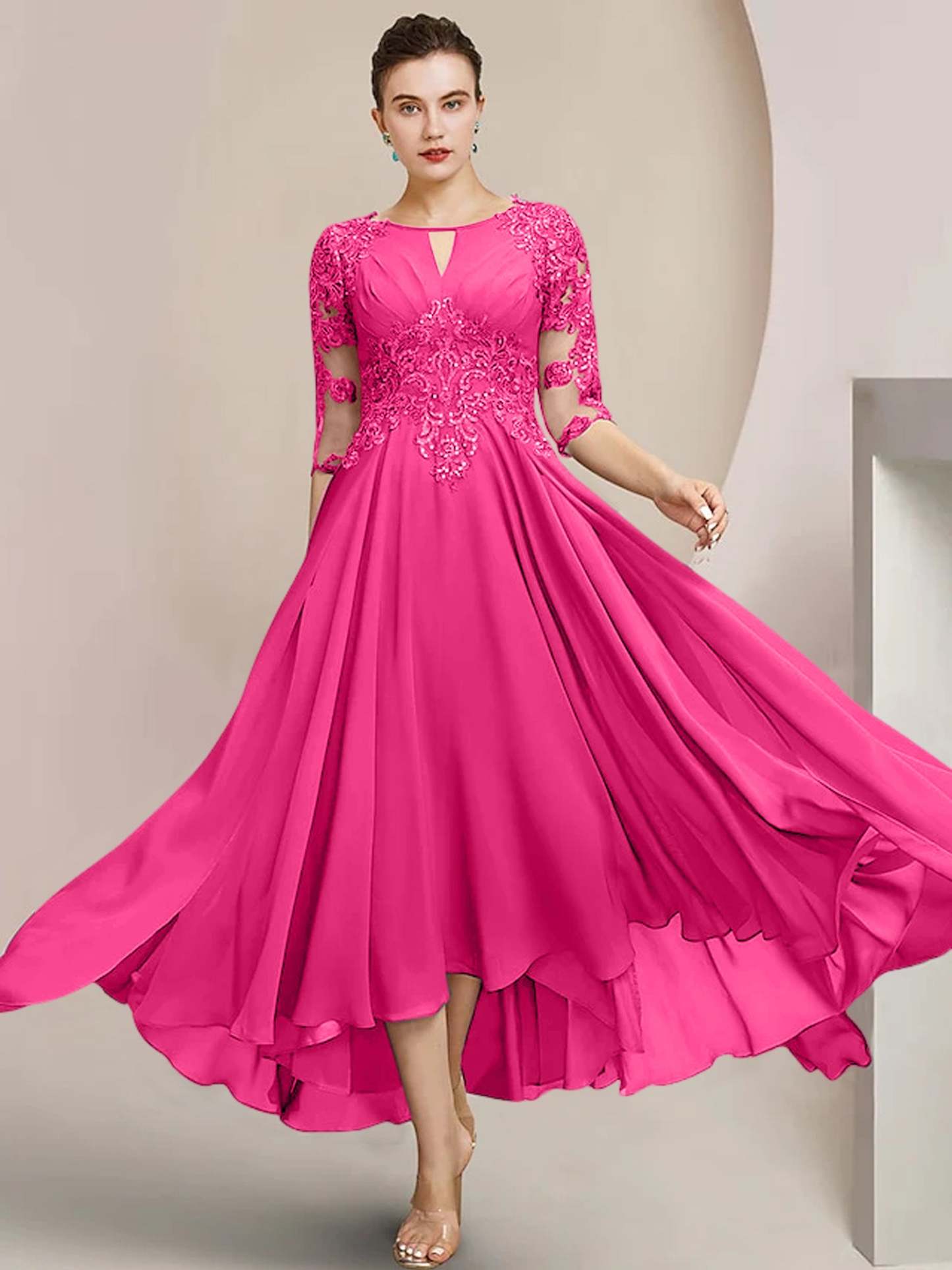 Scoop Neck Tea-Length A-Line Mother of the Bride Princess Dress