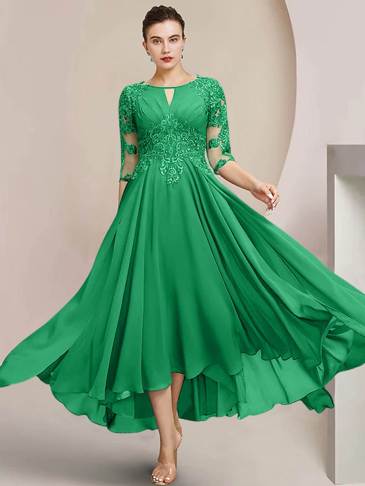 Scoop Neck Tea-Length A-Line Mother of the Bride Princess Dress