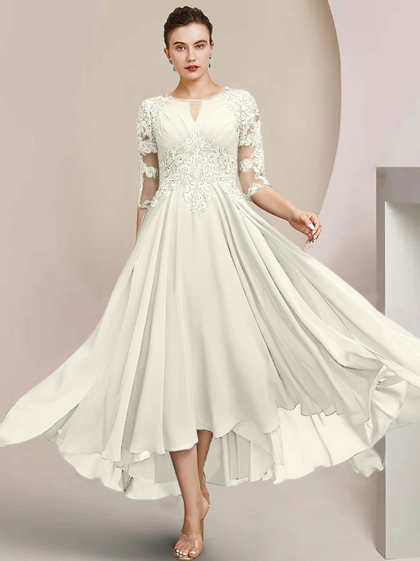 Scoop Neck Tea-Length A-Line Mother of the Bride Princess Dress