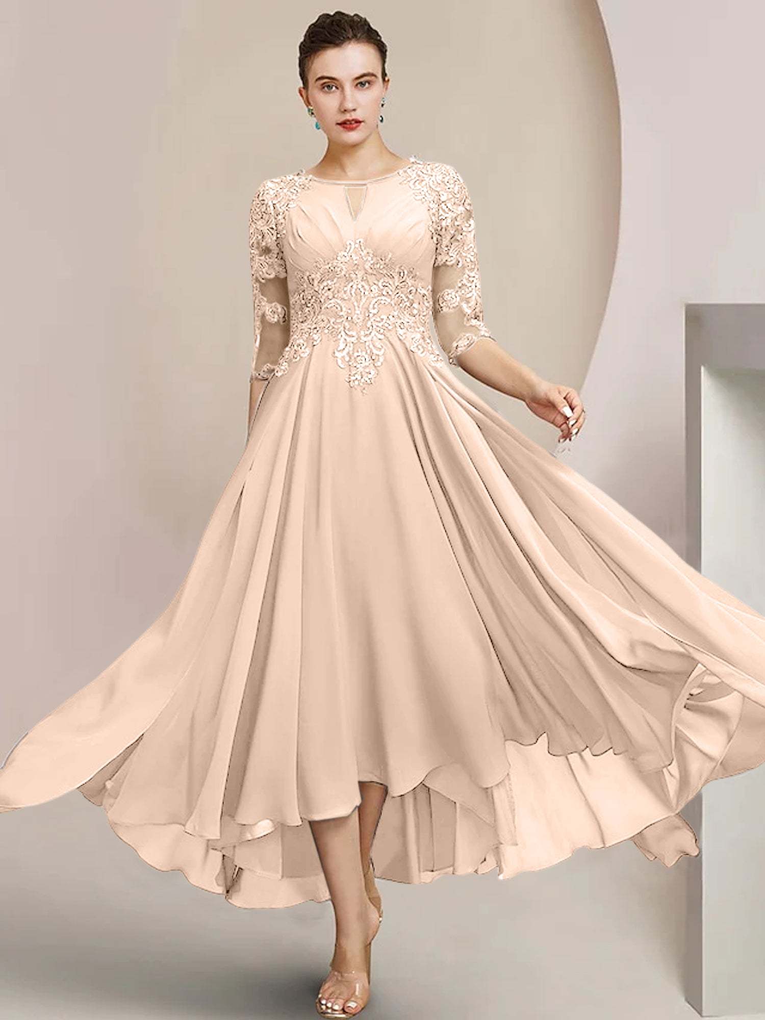 Scoop Neck Tea-Length A-Line Mother of the Bride Princess Dress