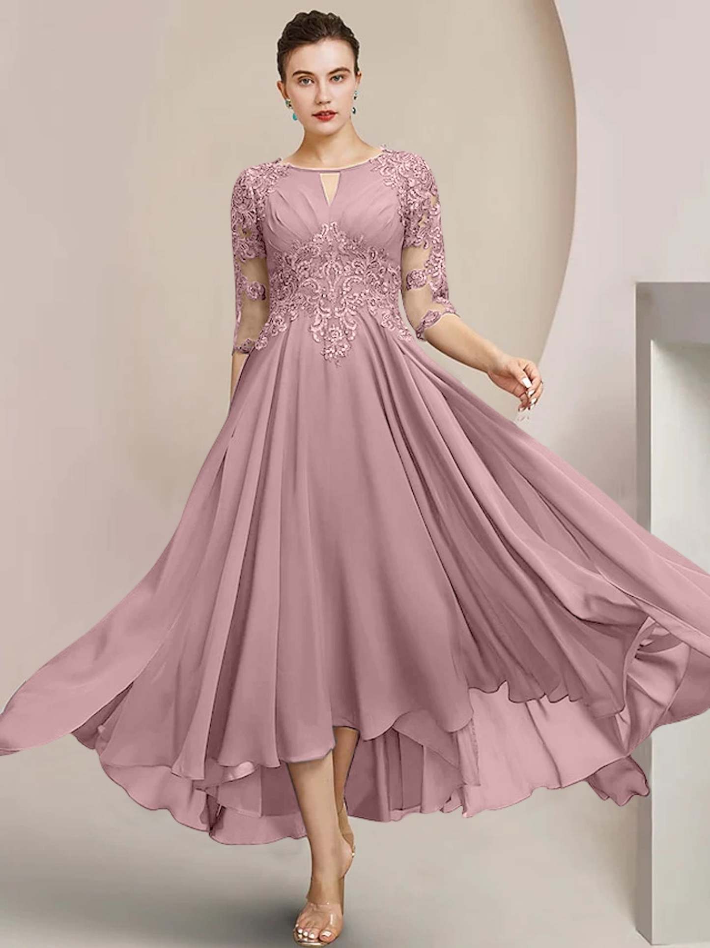 Scoop Neck Tea-Length A-Line Mother of the Bride Princess Dress