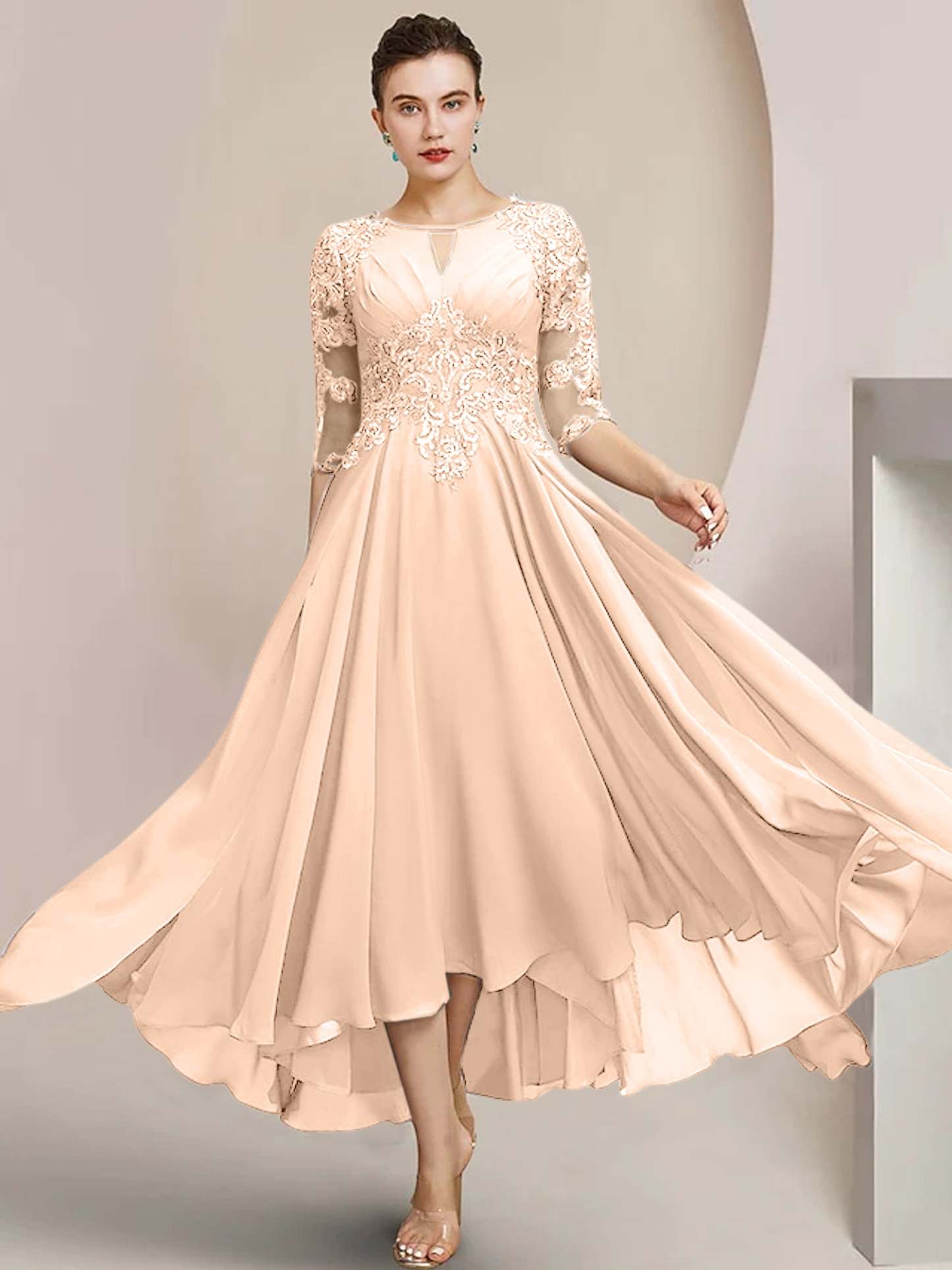 Scoop Neck Tea-Length A-Line Mother of the Bride Princess Dress