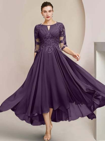 Scoop Neck Tea-Length A-Line Mother of the Bride Princess Dress