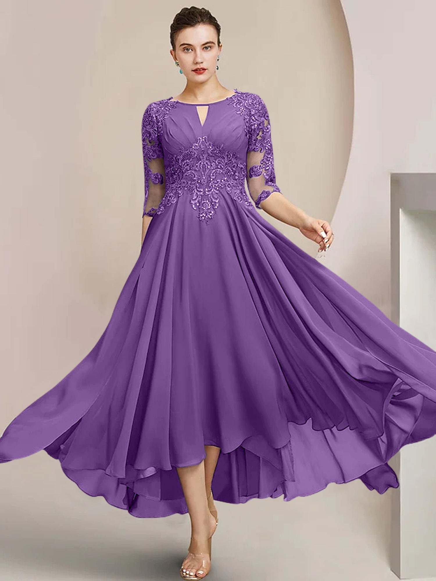 Scoop Neck Tea-Length A-Line Mother of the Bride Princess Dress