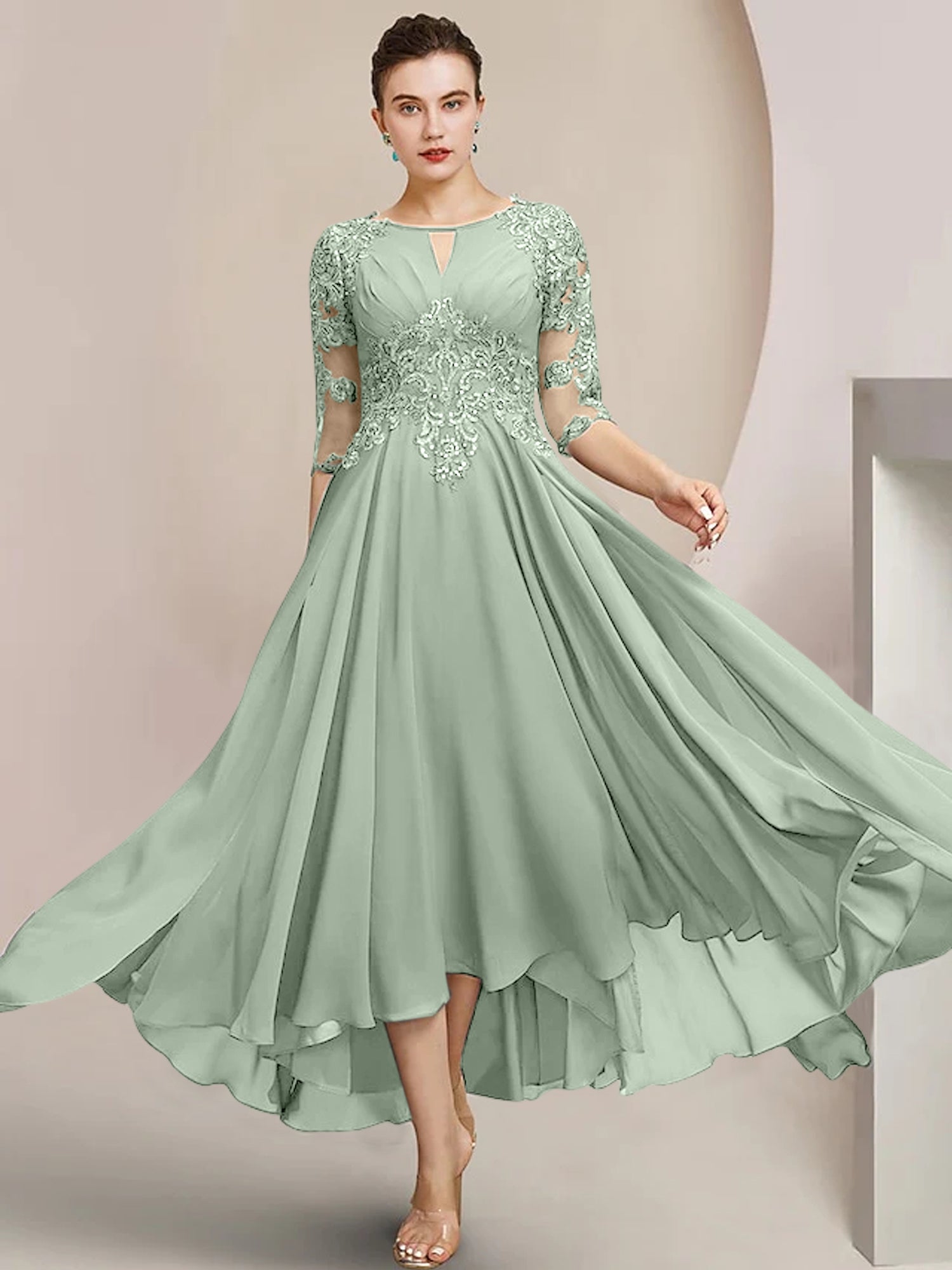 Scoop Neck Tea-Length A-Line Mother of the Bride Princess Dress