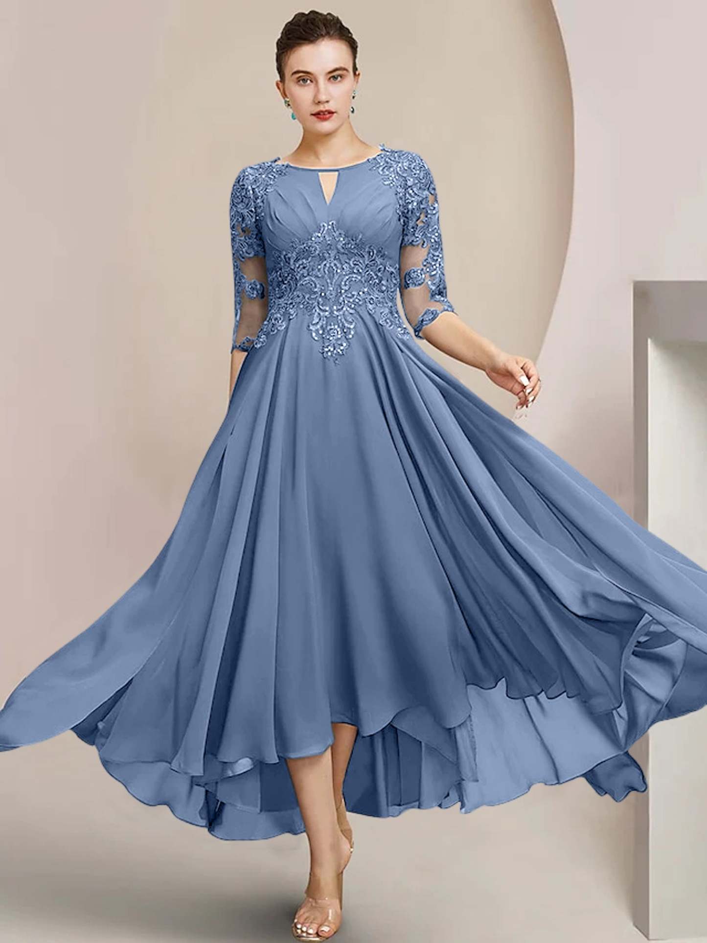 Scoop Neck Tea-Length A-Line Mother of the Bride Princess Dress
