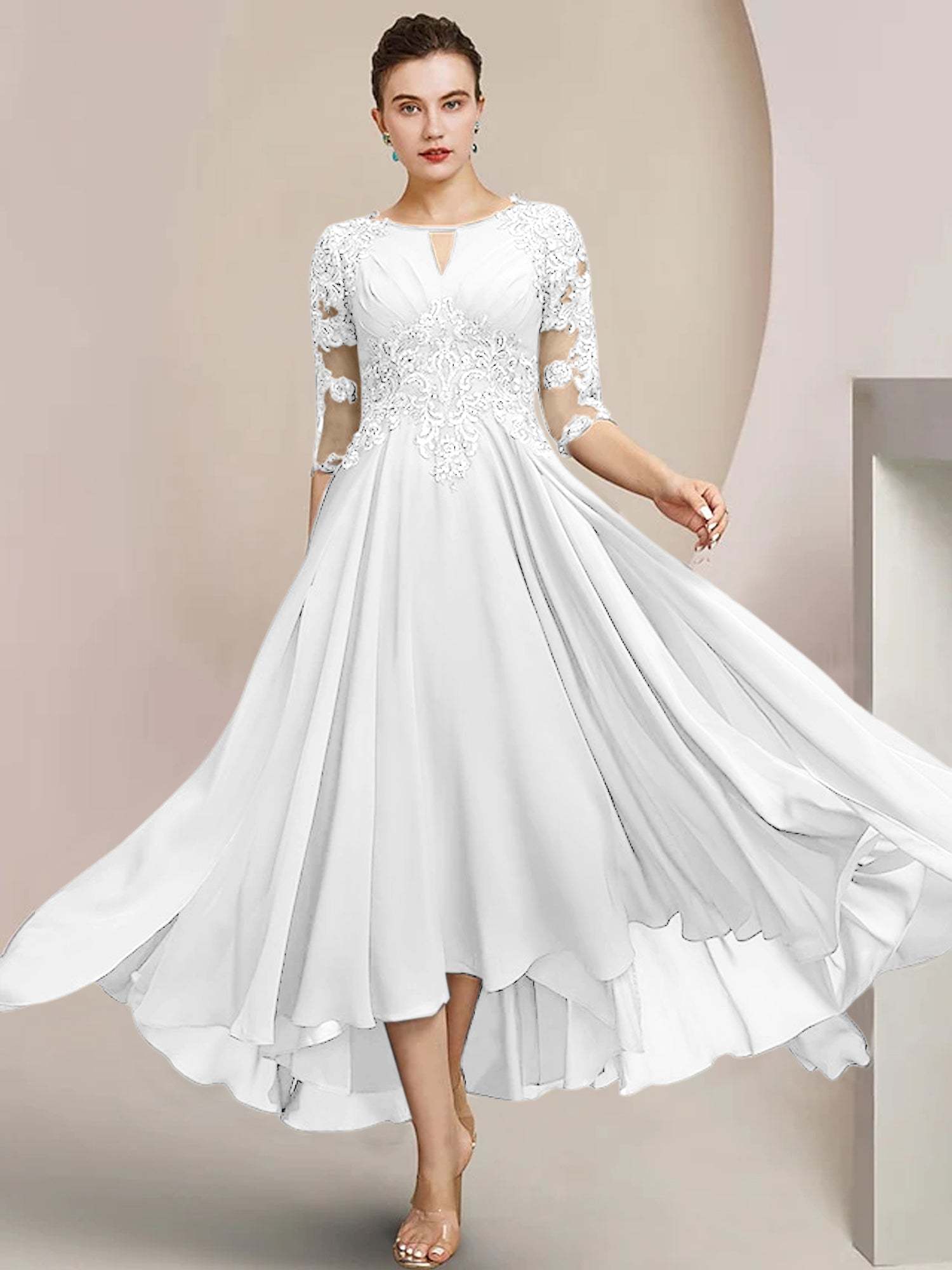 Scoop Neck Tea-Length A-Line Mother of the Bride Princess Dress