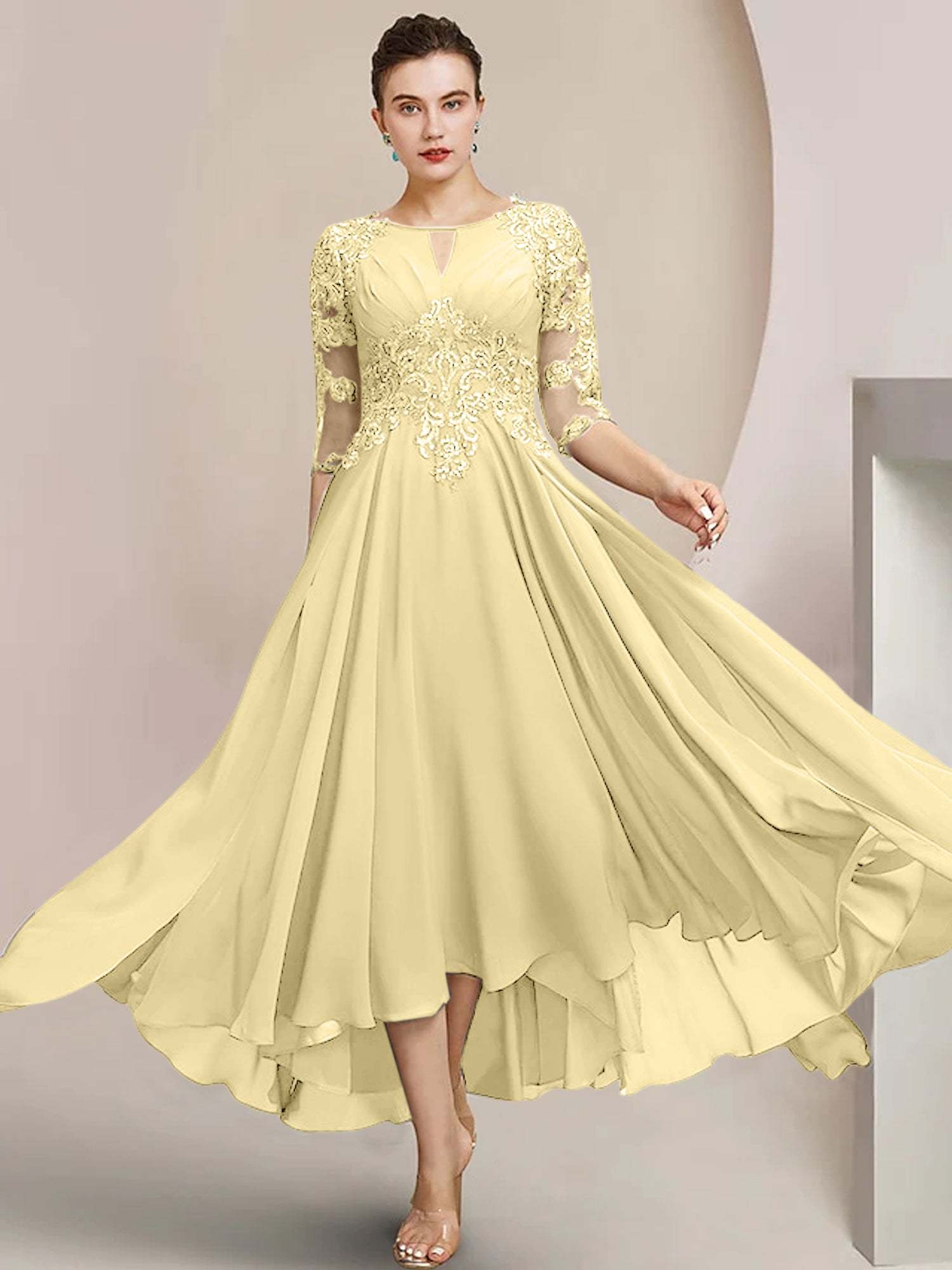 Scoop Neck Tea-Length A-Line Mother of the Bride Princess Dress