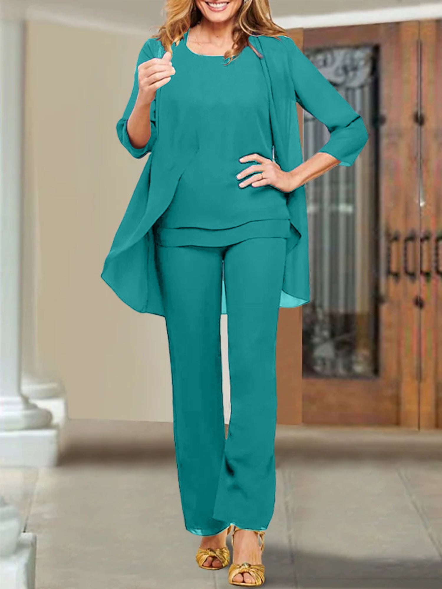 Mother of the Bride Scoop Neck Chiffon Pantsuits-BMbridal