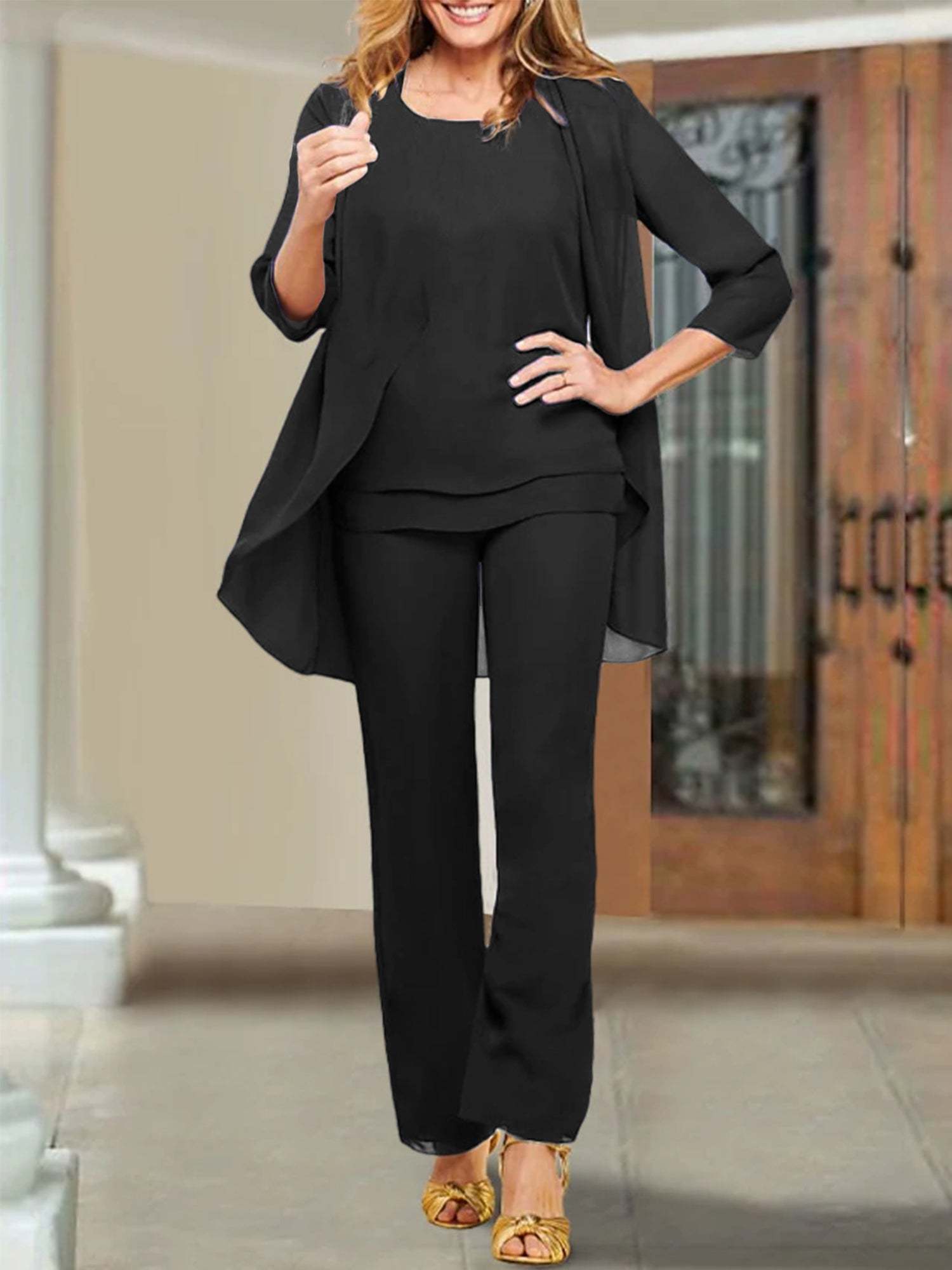 Mother of the Bride Scoop Neck Chiffon Pantsuits-BMbridal