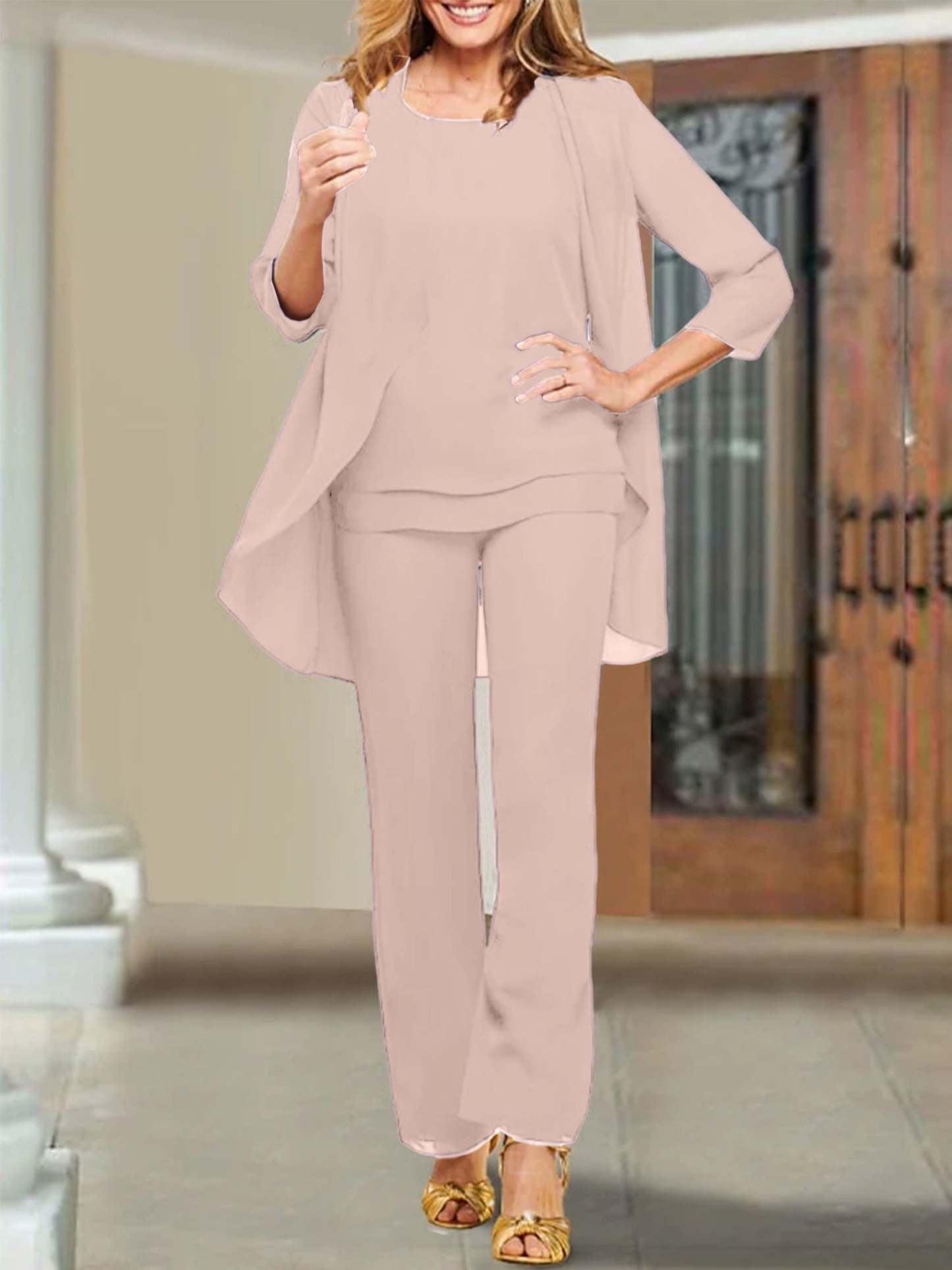 Mother of the Bride Scoop Neck Chiffon Pantsuits-BMbridal