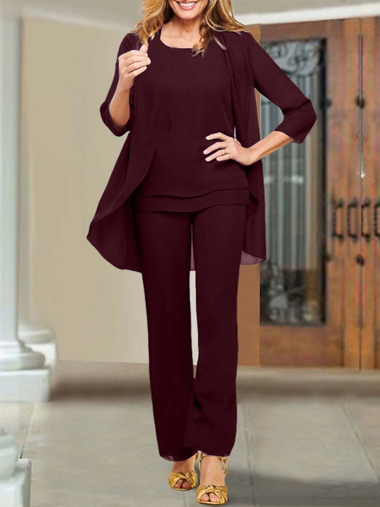 Mother of the Bride Scoop Neck Chiffon Pantsuits-BMbridal