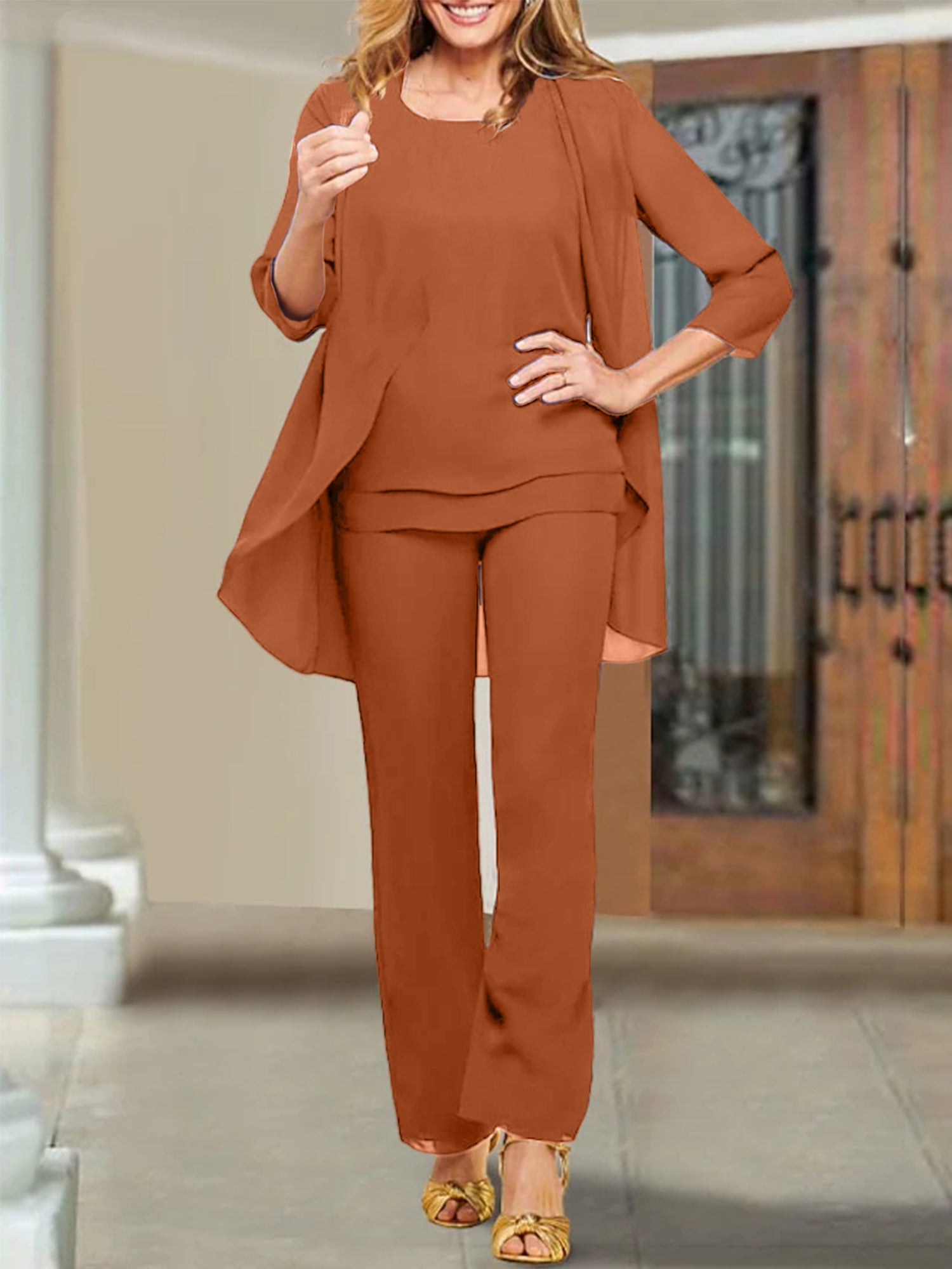 Mother of the Bride Scoop Neck Chiffon Pantsuits-BMbridal