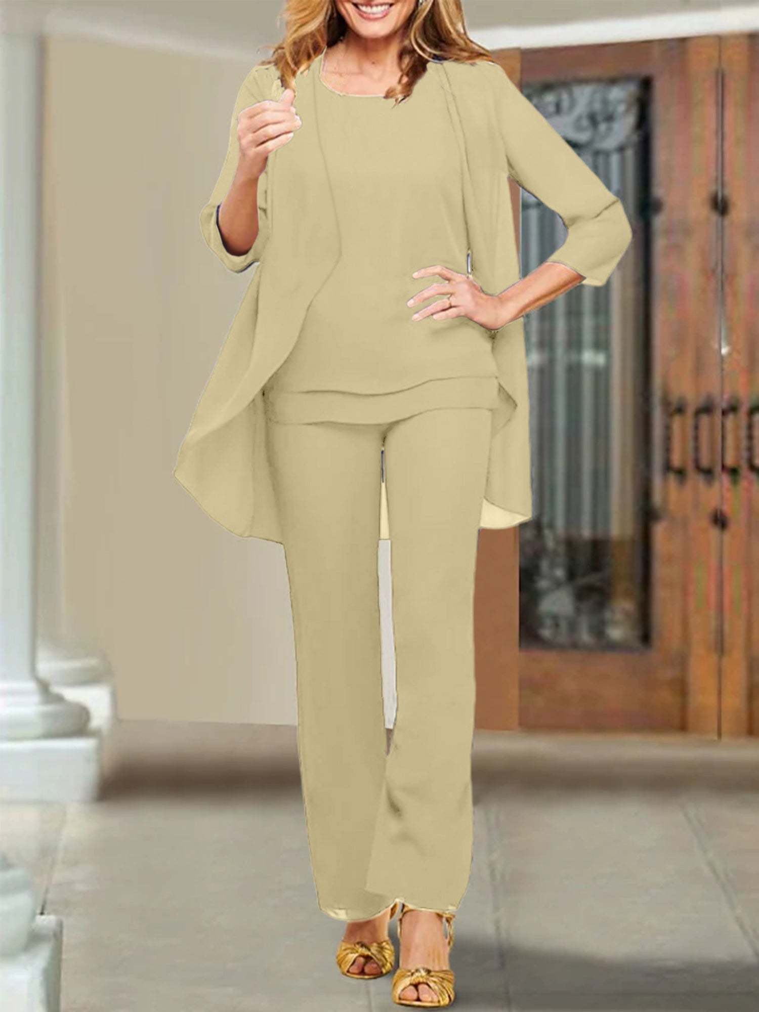 Mother of the Bride Scoop Neck Chiffon Pantsuits-BMbridal