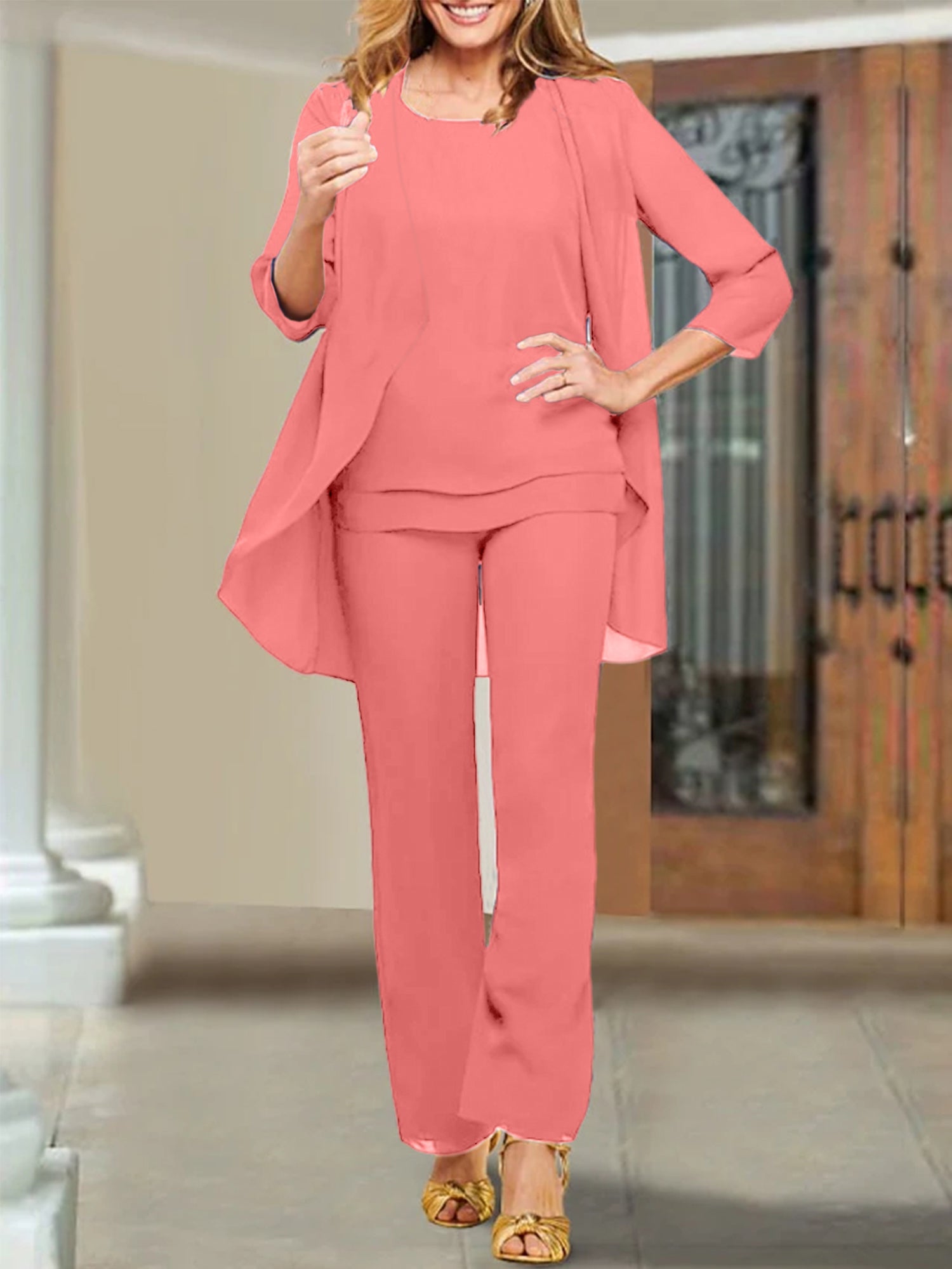 Mother of the Bride Scoop Neck Chiffon Pantsuits-BMbridal