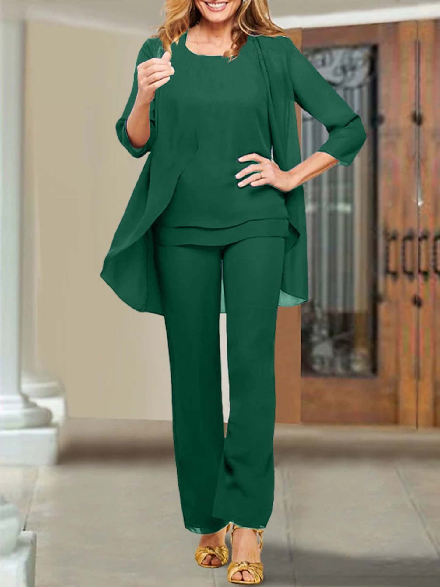 Mother of the Bride Scoop Neck Chiffon Pantsuits-BMbridal