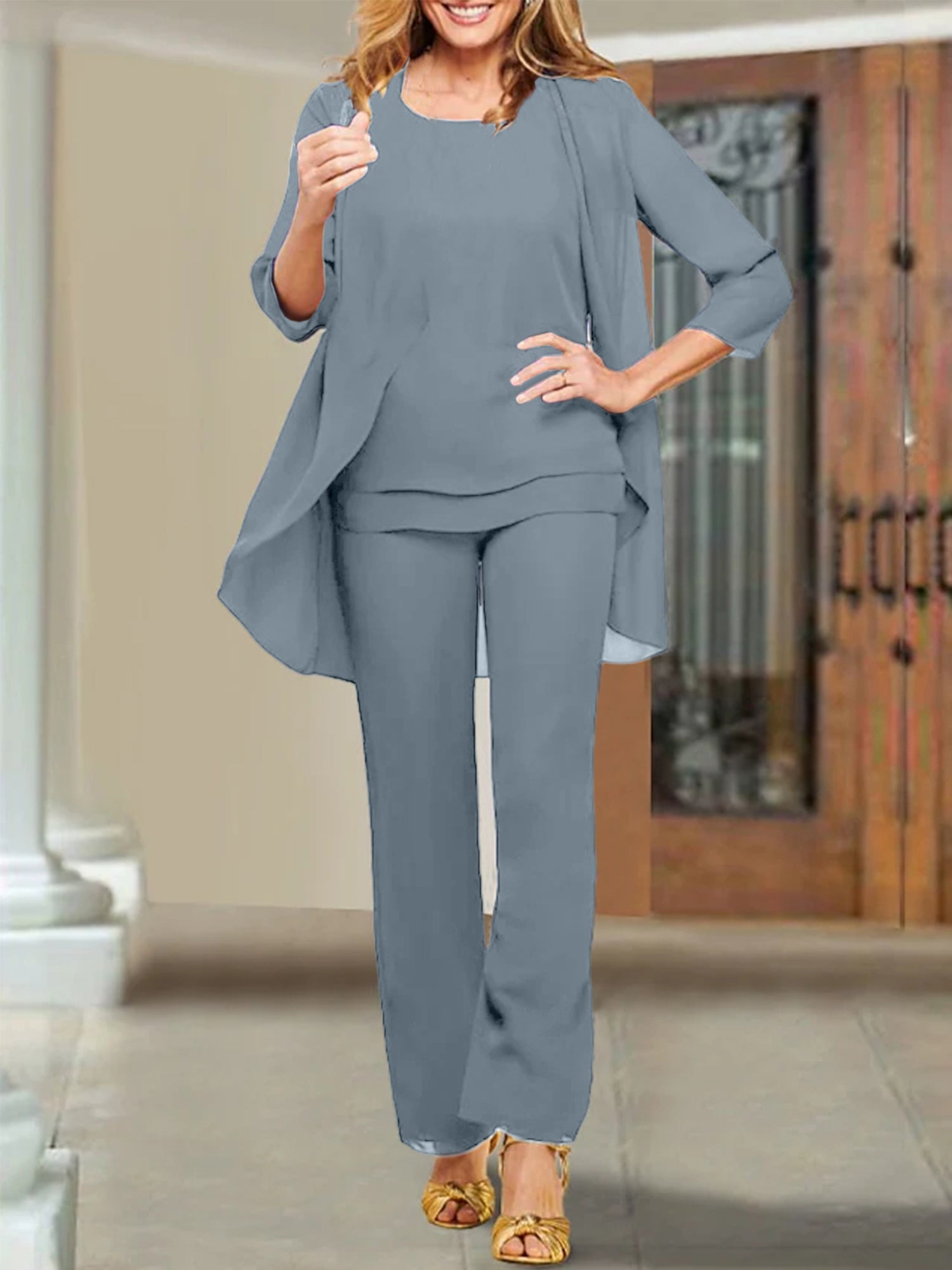 Mother of the Bride Scoop Neck Chiffon Pantsuits-BMbridal