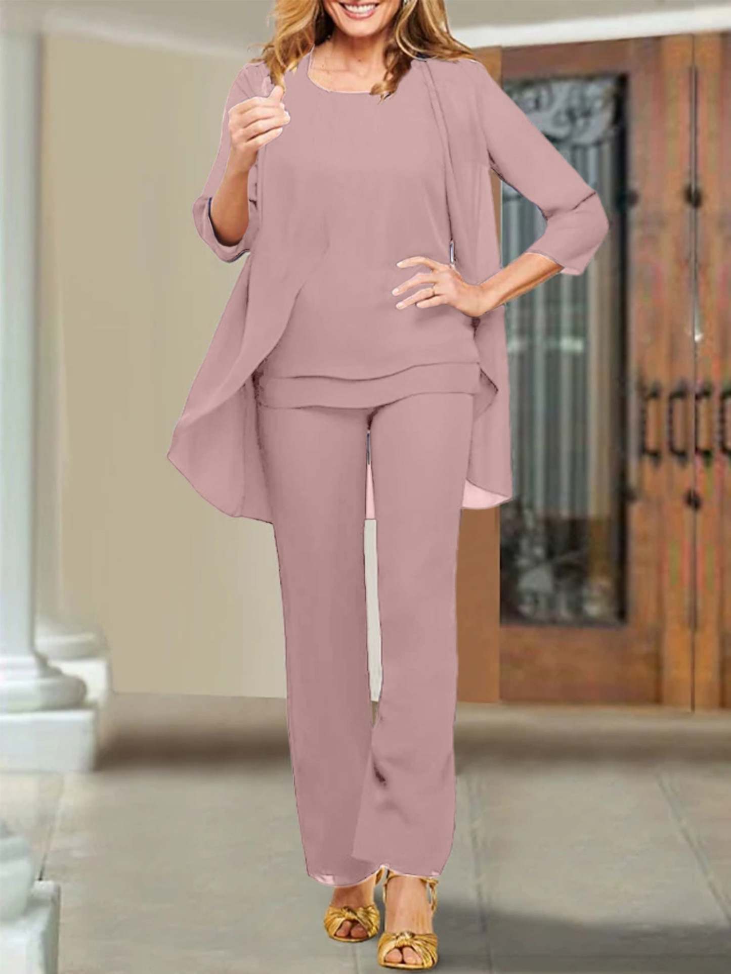 Mother of the Bride Scoop Neck Chiffon Pantsuits-BMbridal