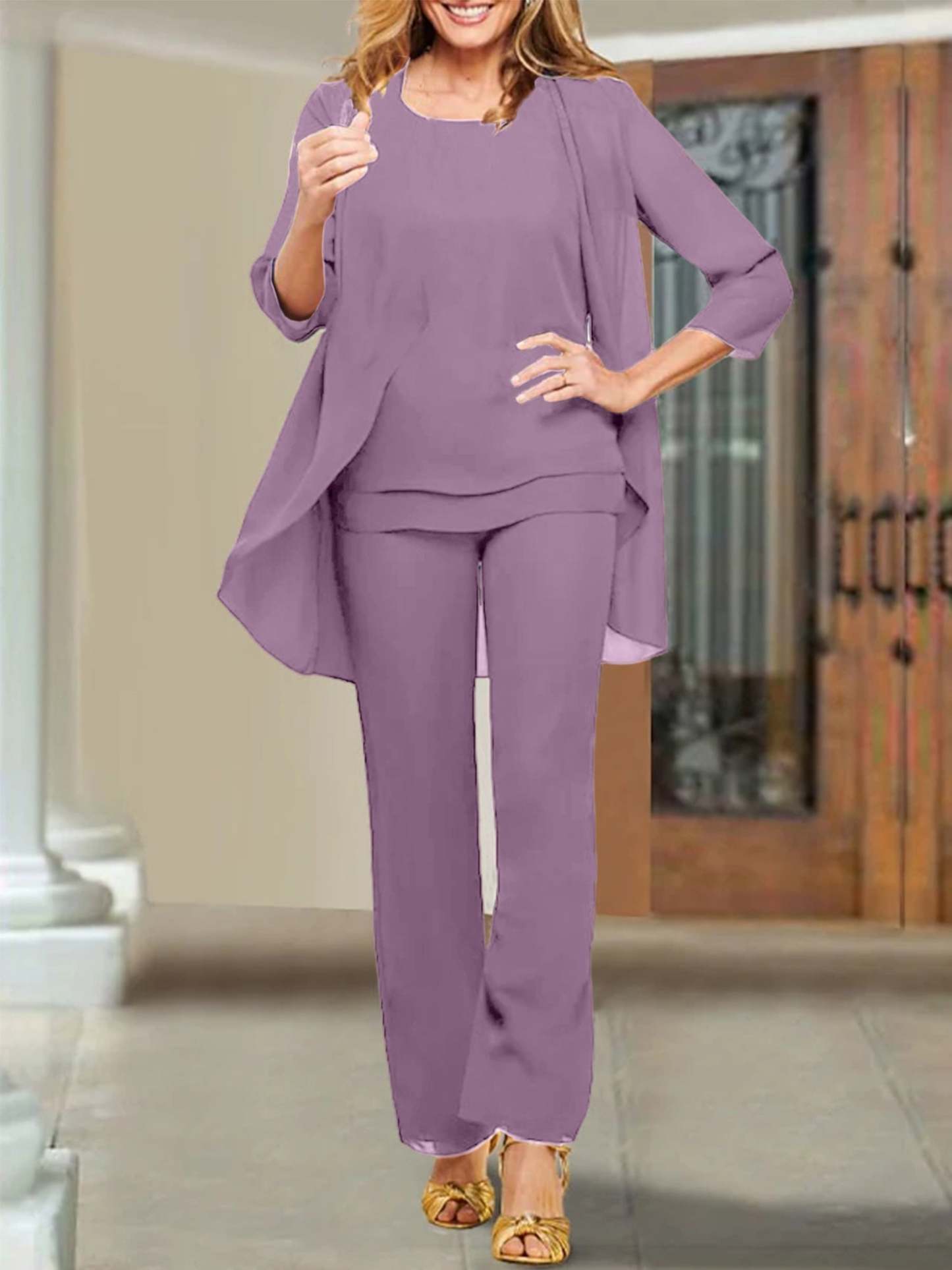 Mother of the Bride Scoop Neck Chiffon Pantsuits-BMbridal