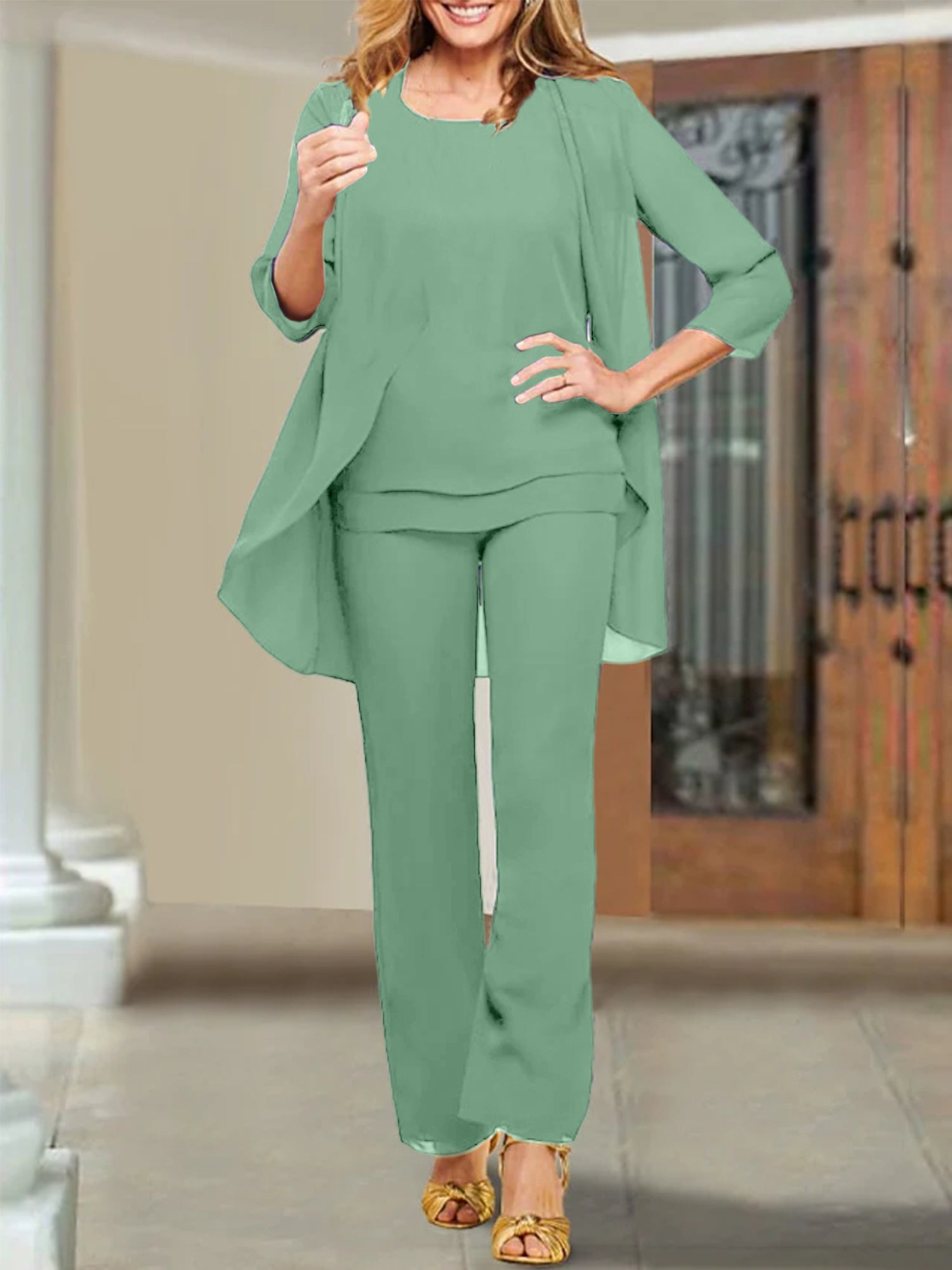 Mother of the Bride Scoop Neck Chiffon Pantsuits-BMbridal