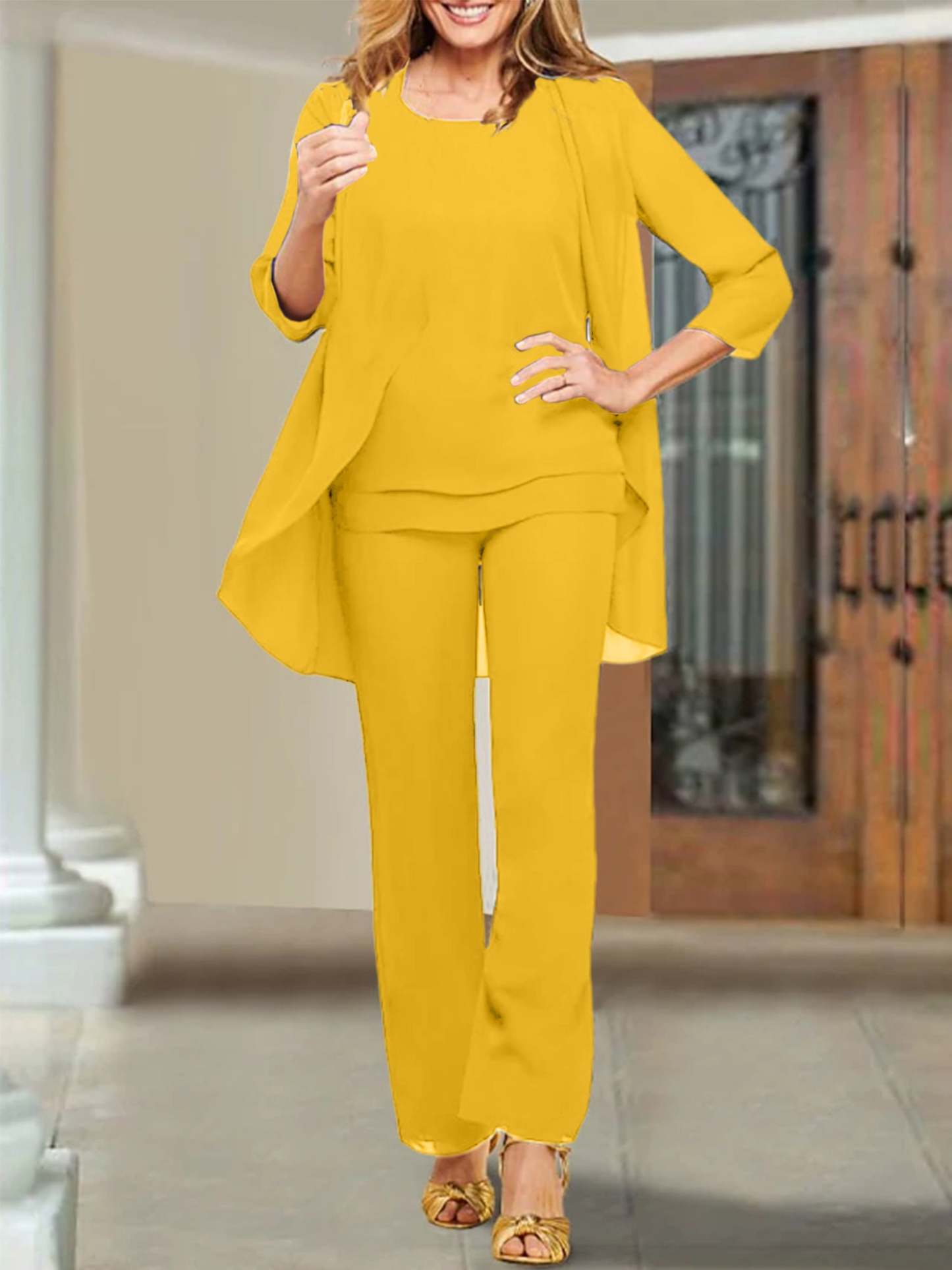 Mother of the Bride Scoop Neck Chiffon Pantsuits-BMbridal