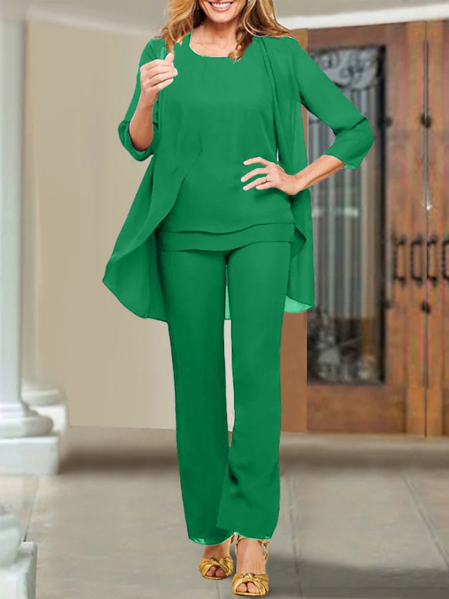 Mother of the Bride Scoop Neck Chiffon Pantsuits-BMbridal
