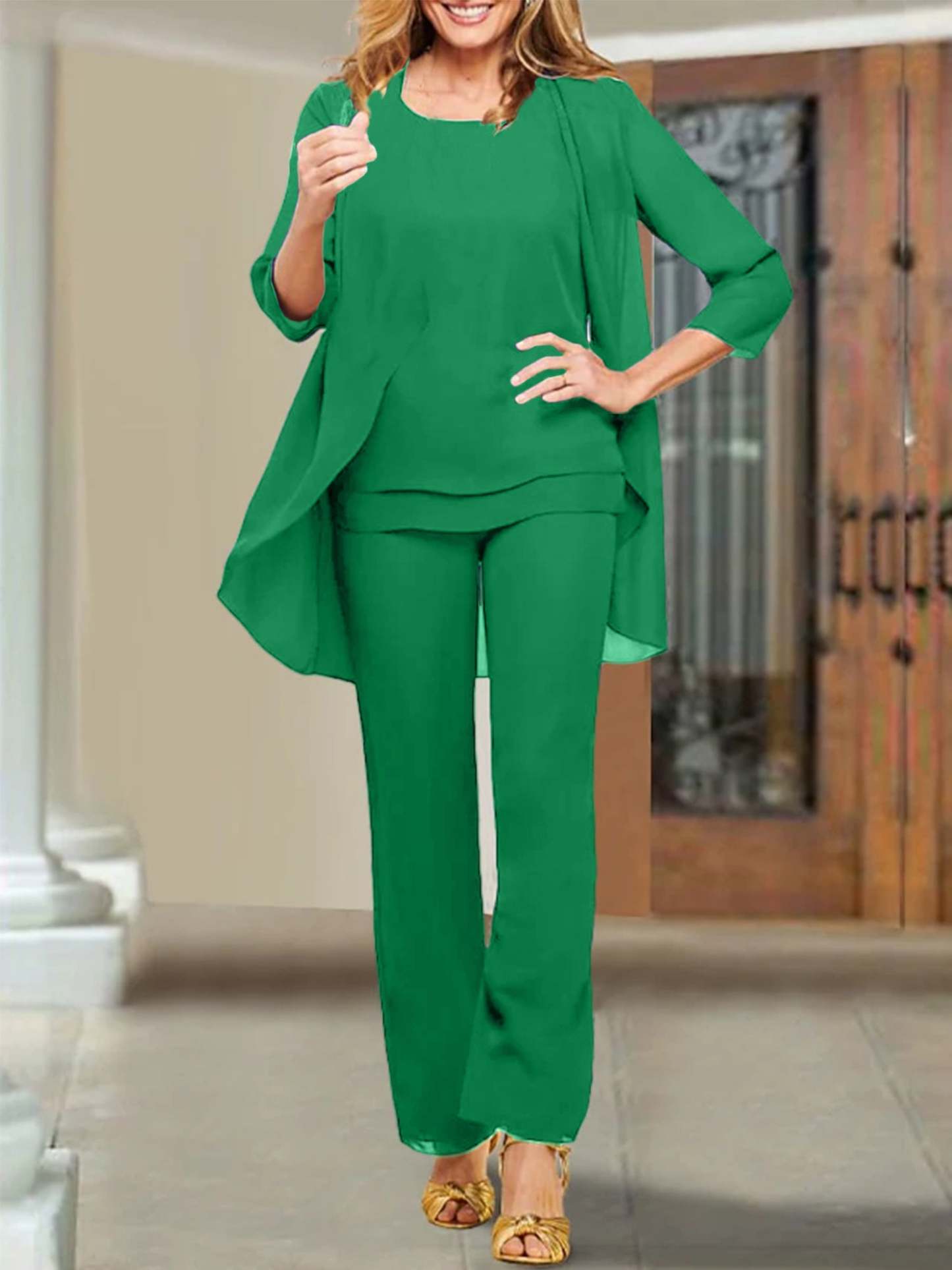 Mother of the Bride Scoop Neck Chiffon Pantsuits-BMbridal