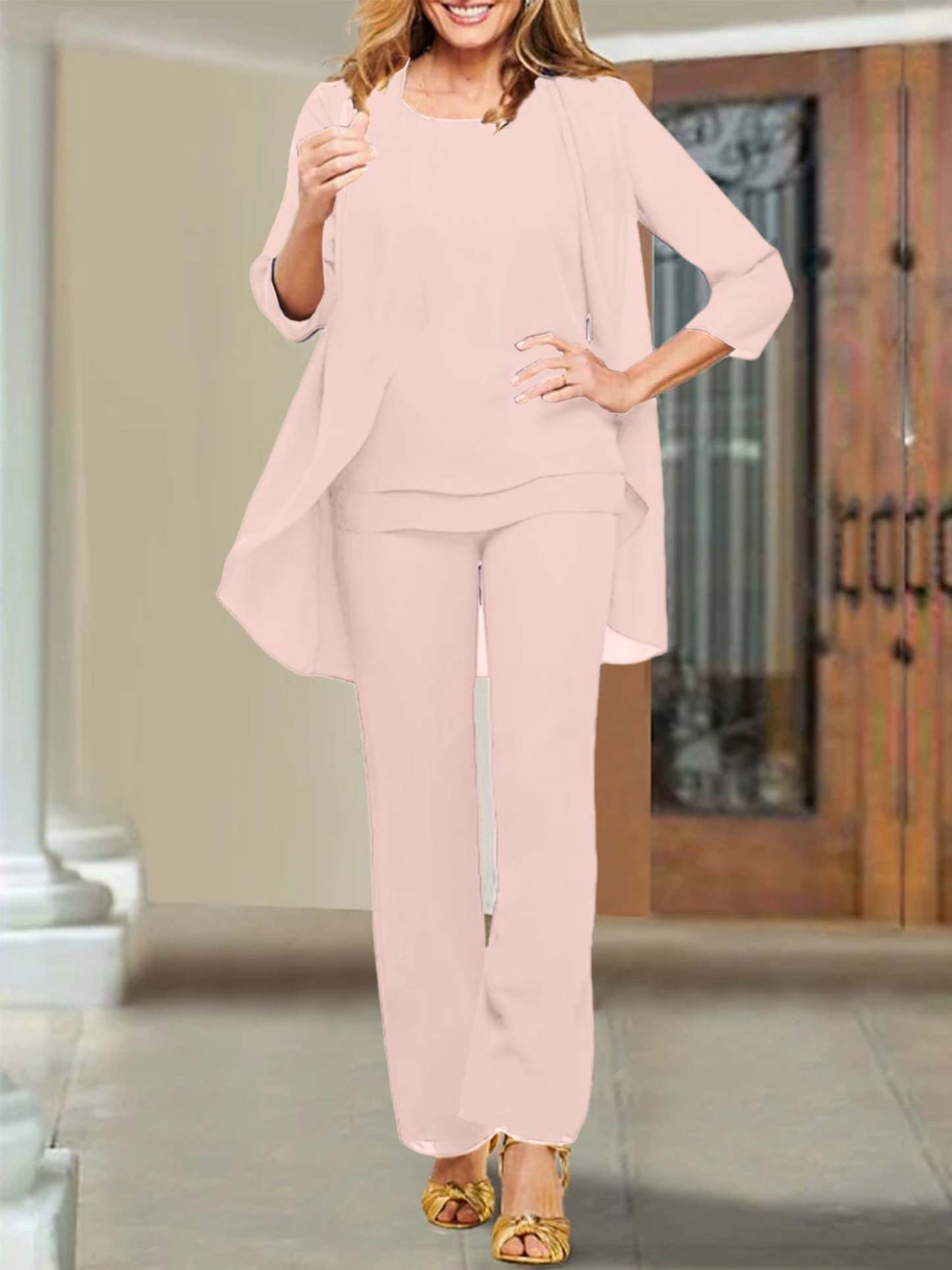 Mother of the Bride Scoop Neck Chiffon Pantsuits-BMbridal