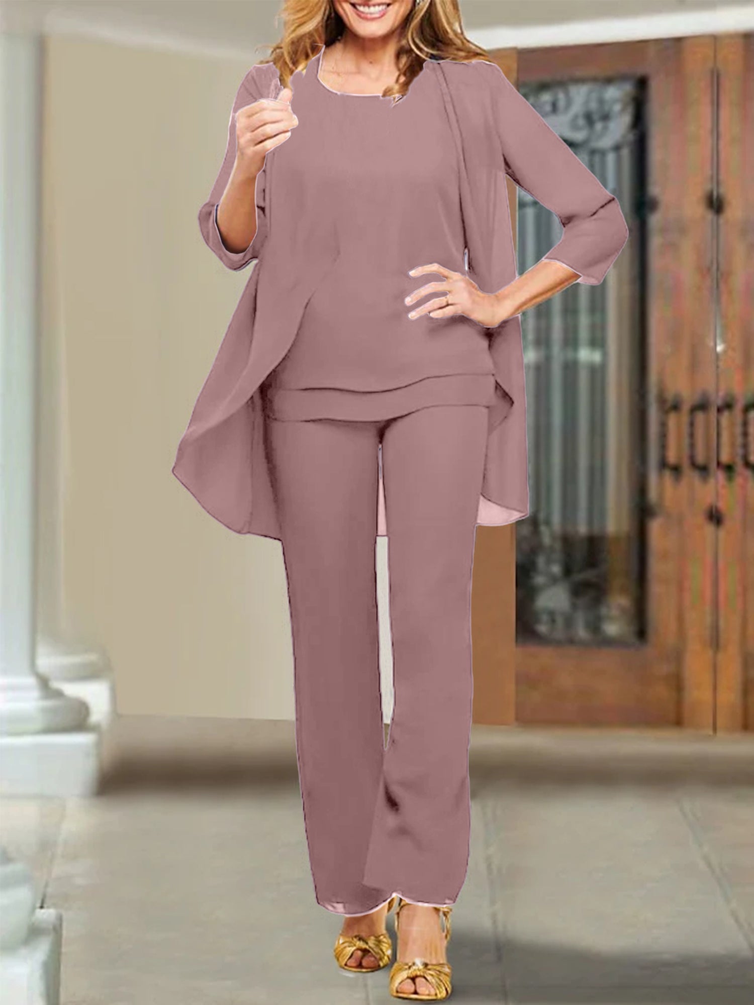 Mother of the Bride Scoop Neck Chiffon Pantsuits-BMbridal