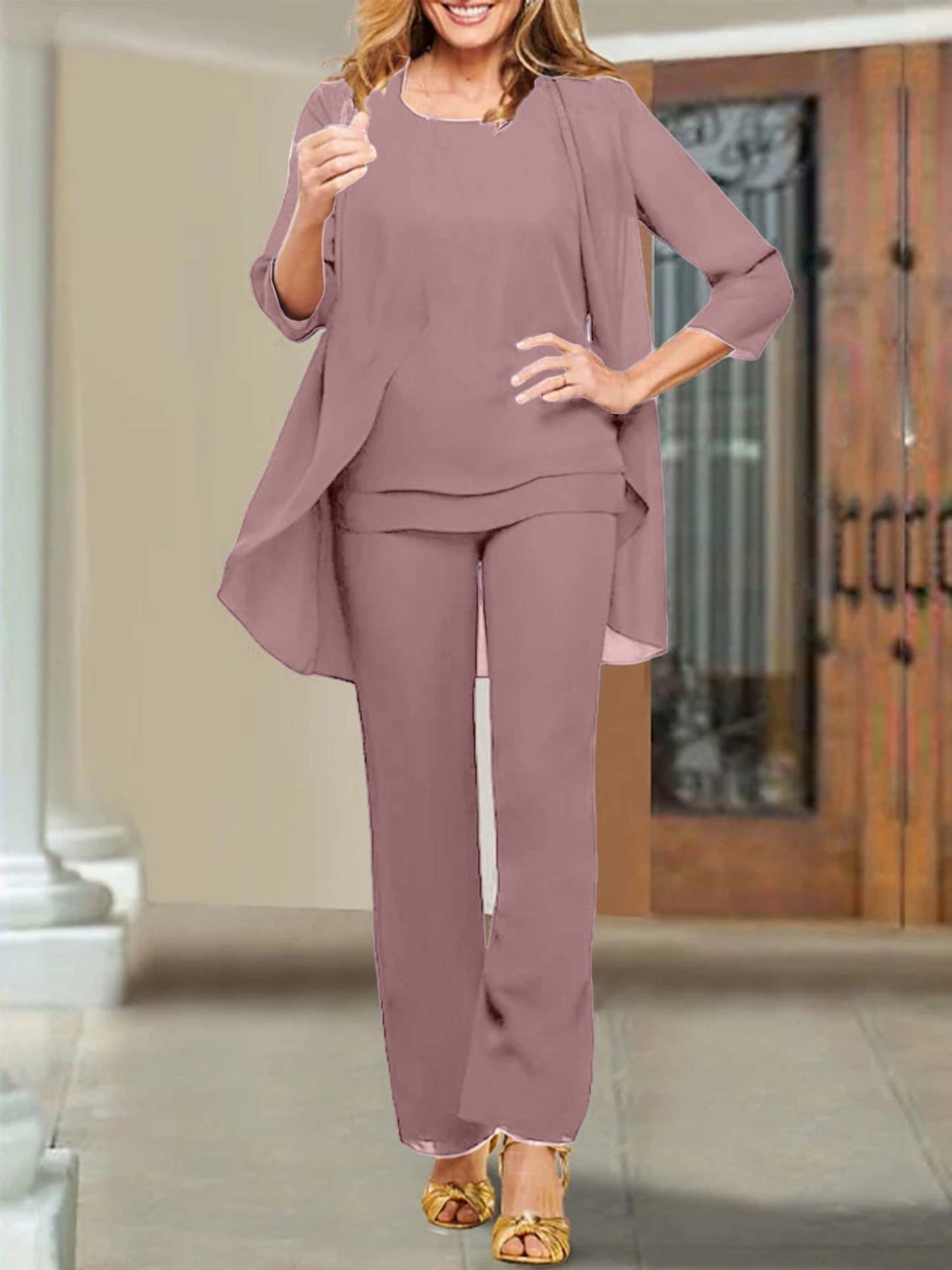 Mother of the Bride Scoop Neck Chiffon Pantsuits-BMbridal