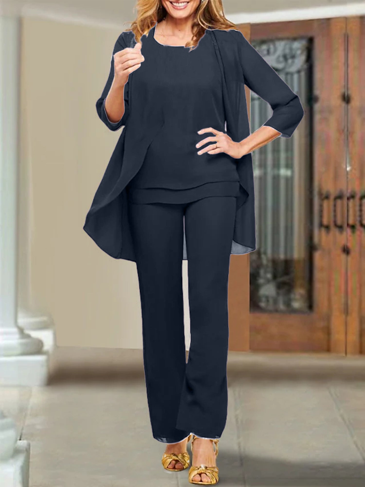 Mother of the Bride Scoop Neck Chiffon Pantsuits-BMbridal