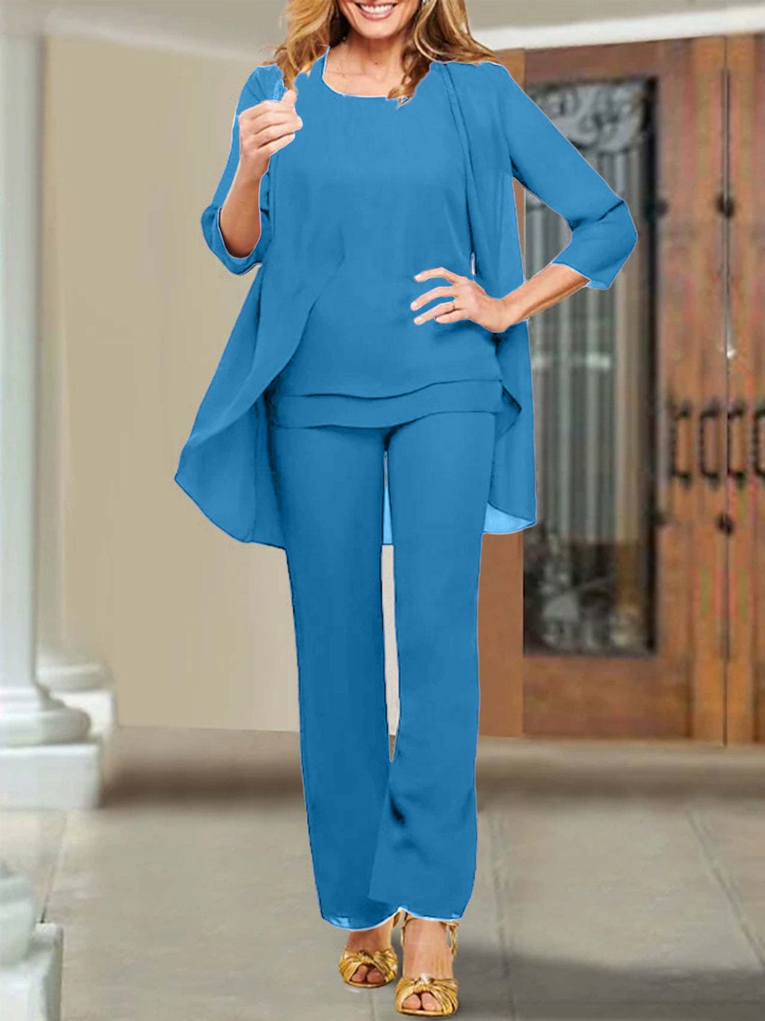Mother of the Bride Scoop Neck Chiffon Pantsuits-BMbridal