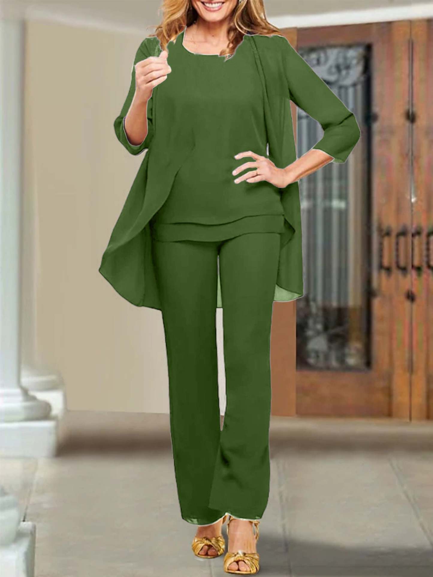 Mother of the Bride Scoop Neck Chiffon Pantsuits-BMbridal