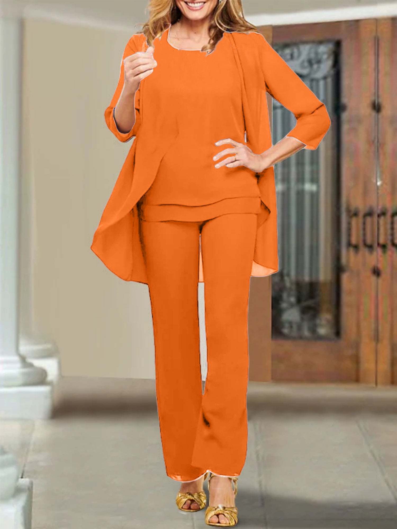 Mother of the Bride Scoop Neck Chiffon Pantsuits-BMbridal