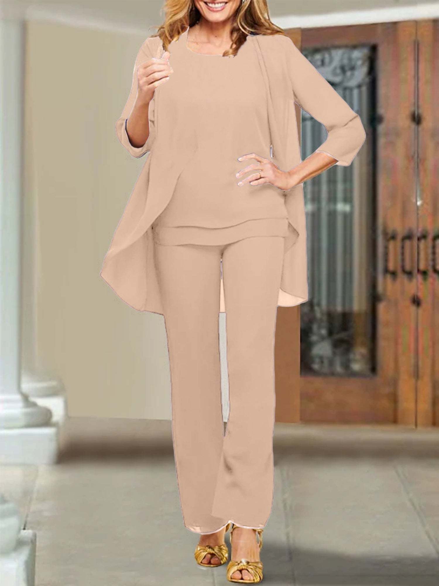 Mother of the Bride Scoop Neck Chiffon Pantsuits-BMbridal