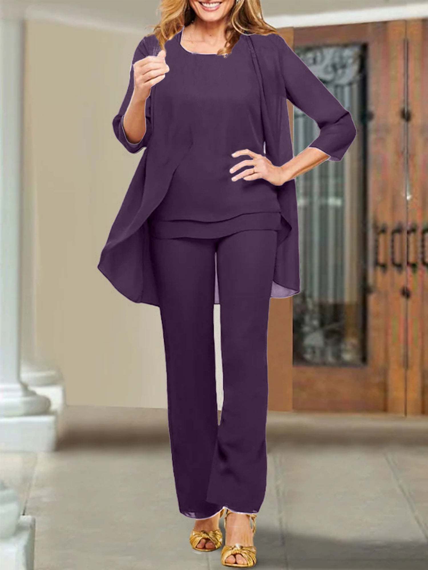 Mother of the Bride Scoop Neck Chiffon Pantsuits-BMbridal