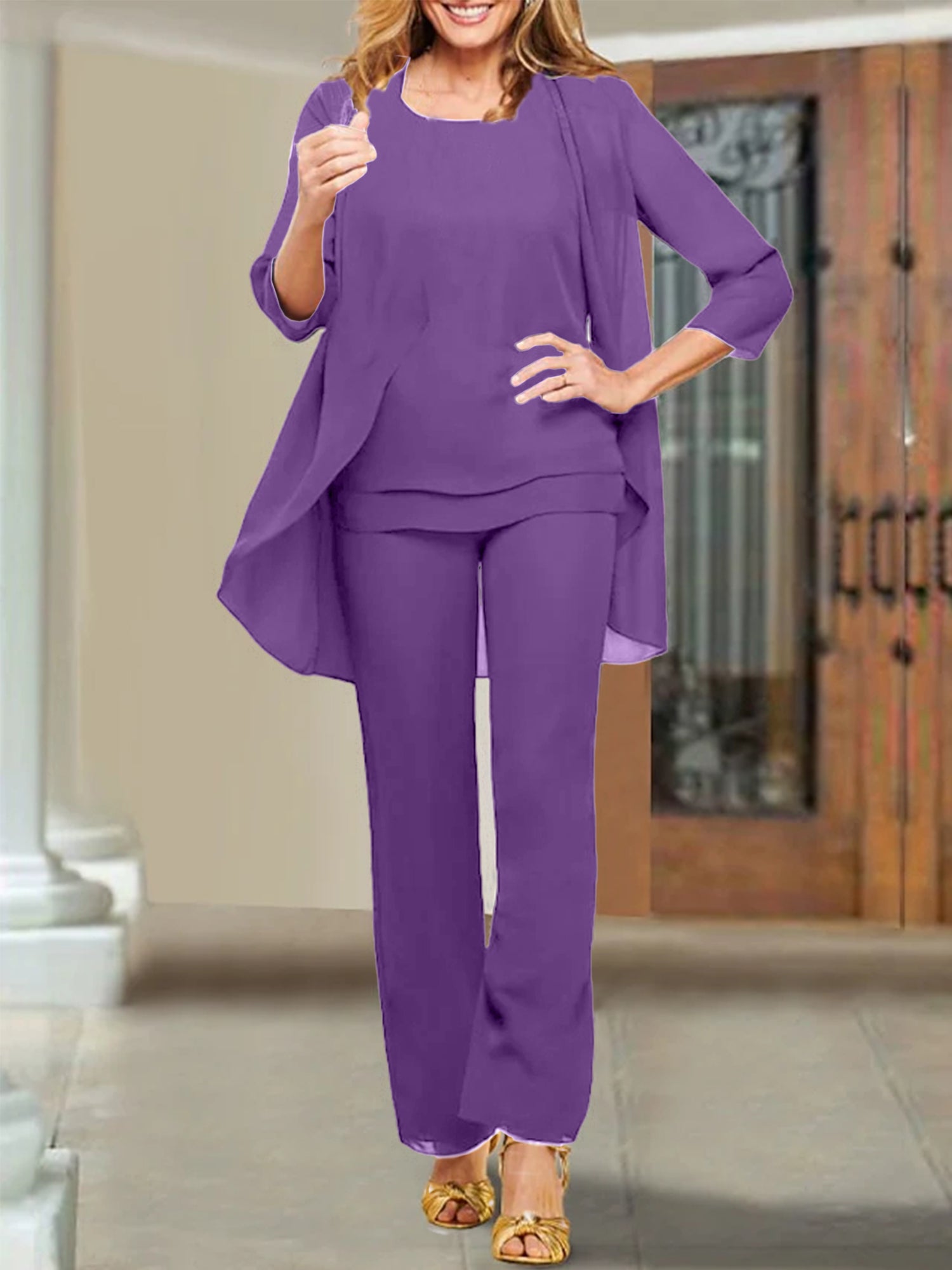 Mother of the Bride Scoop Neck Chiffon Pantsuits-BMbridal