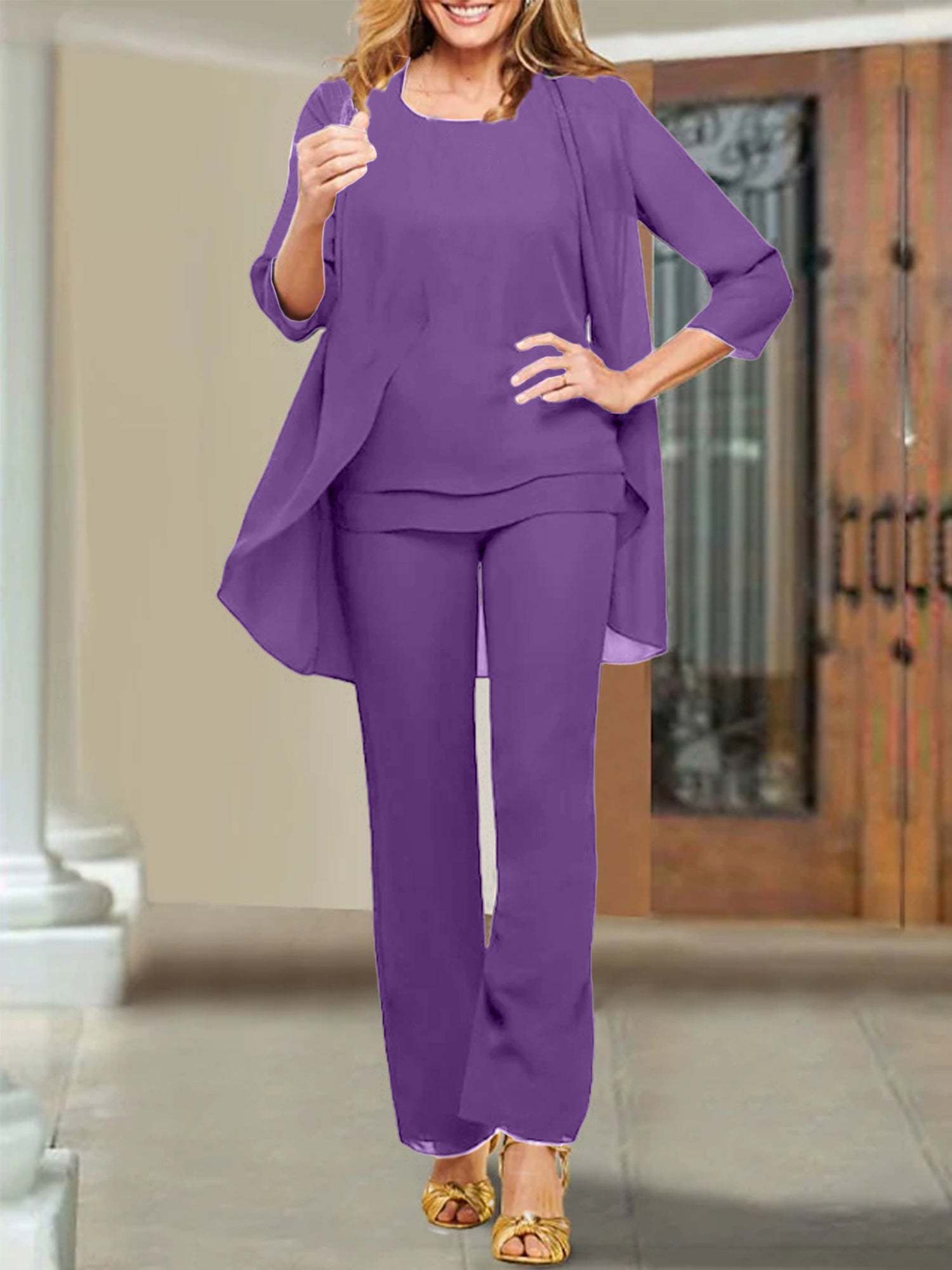 Mother of the Bride Scoop Neck Chiffon Pantsuits-BMbridal