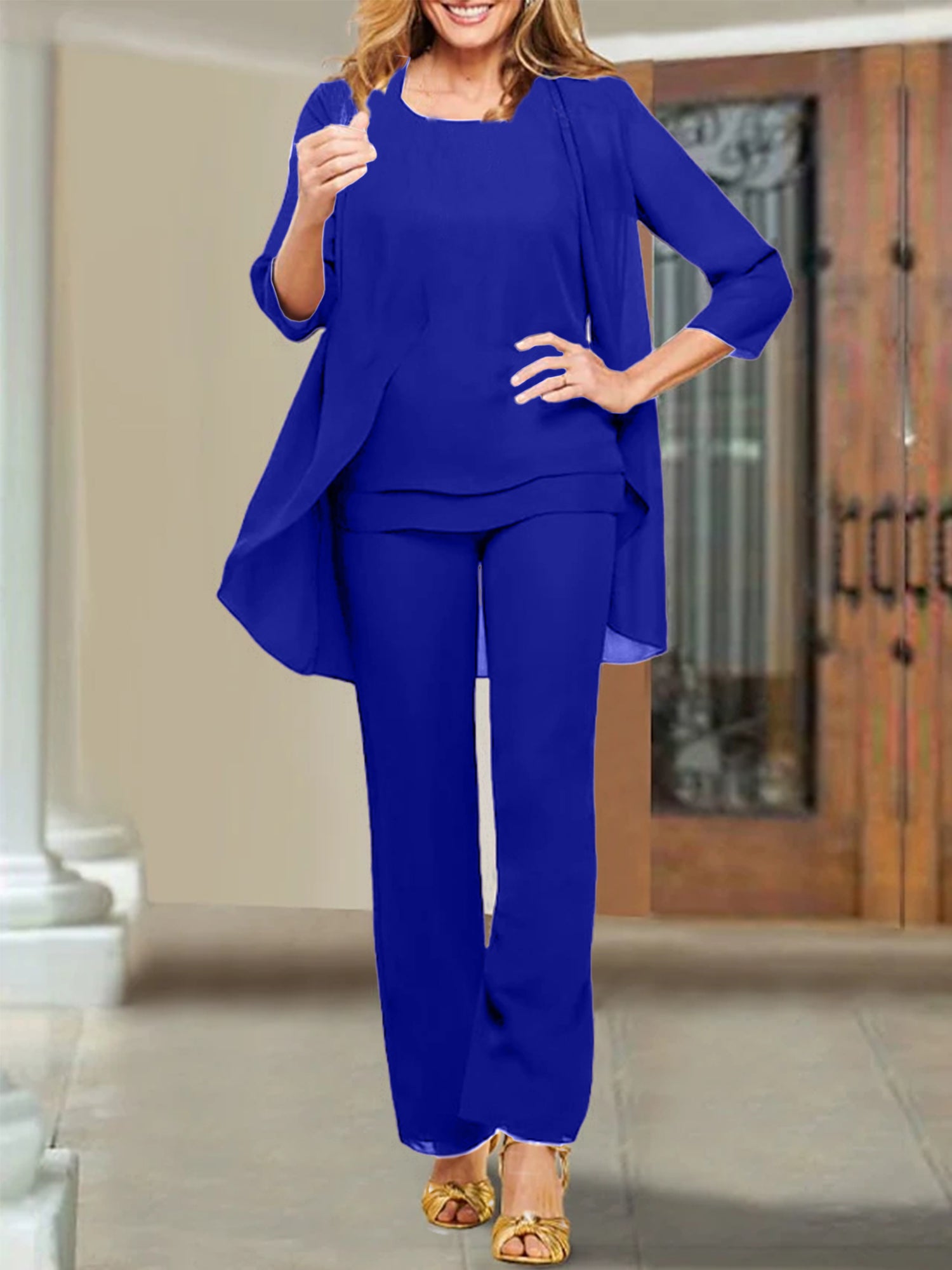 Mother of the Bride Scoop Neck Chiffon Pantsuits-BMbridal