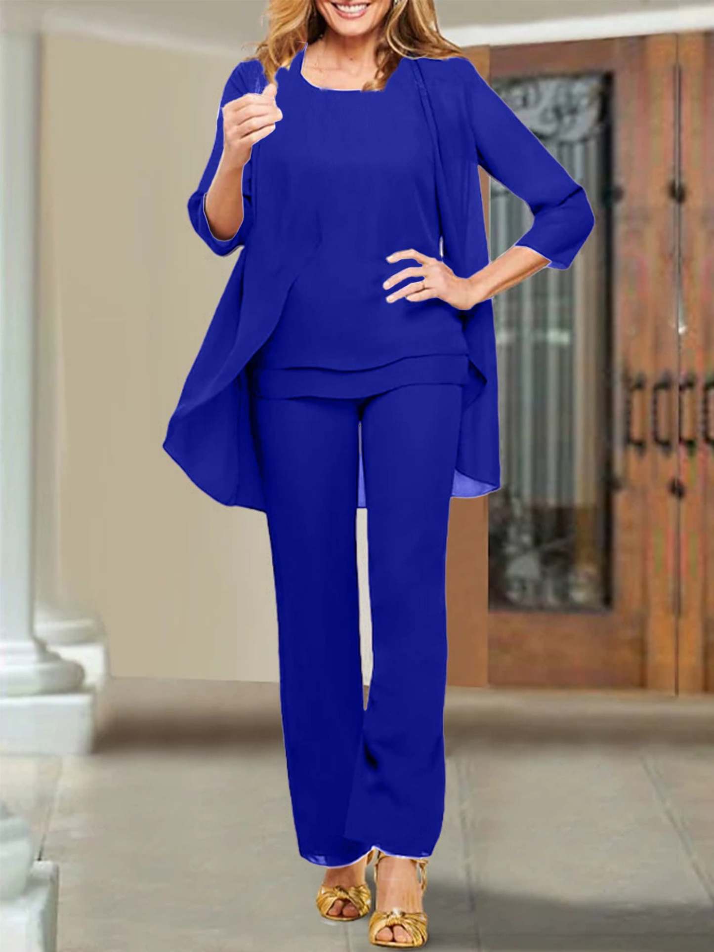 Mother of the Bride Scoop Neck Chiffon Pantsuits-BMbridal