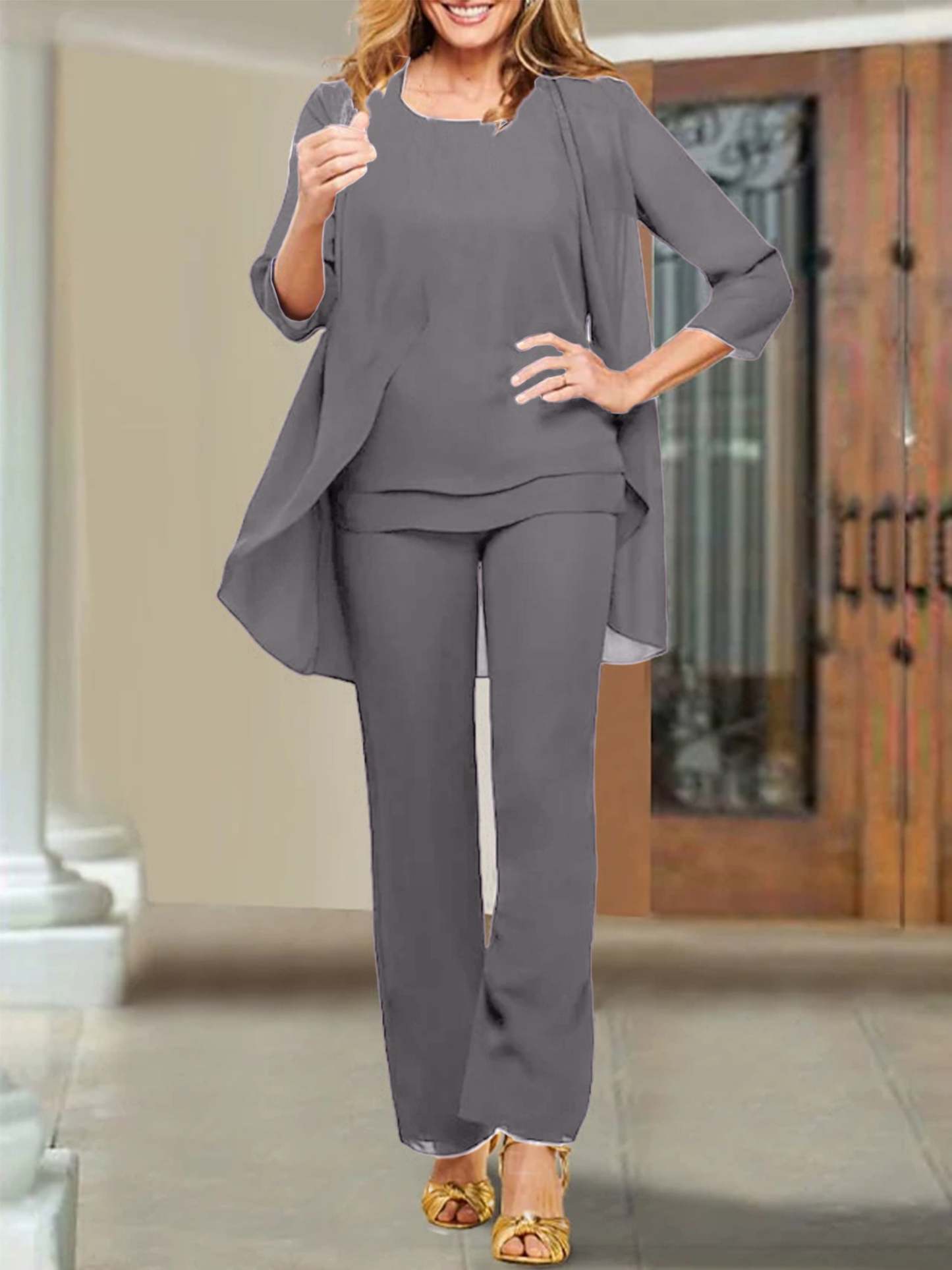 Mother of the Bride Scoop Neck Chiffon Pantsuits-BMbridal