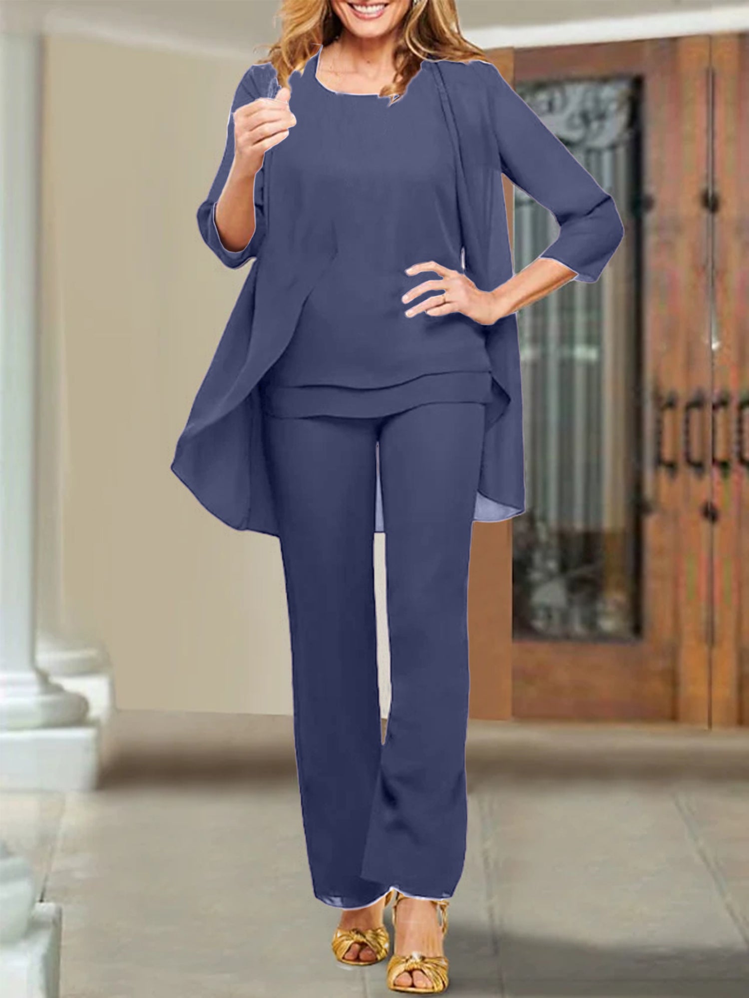 Mother of the Bride Scoop Neck Chiffon Pantsuits-BMbridal