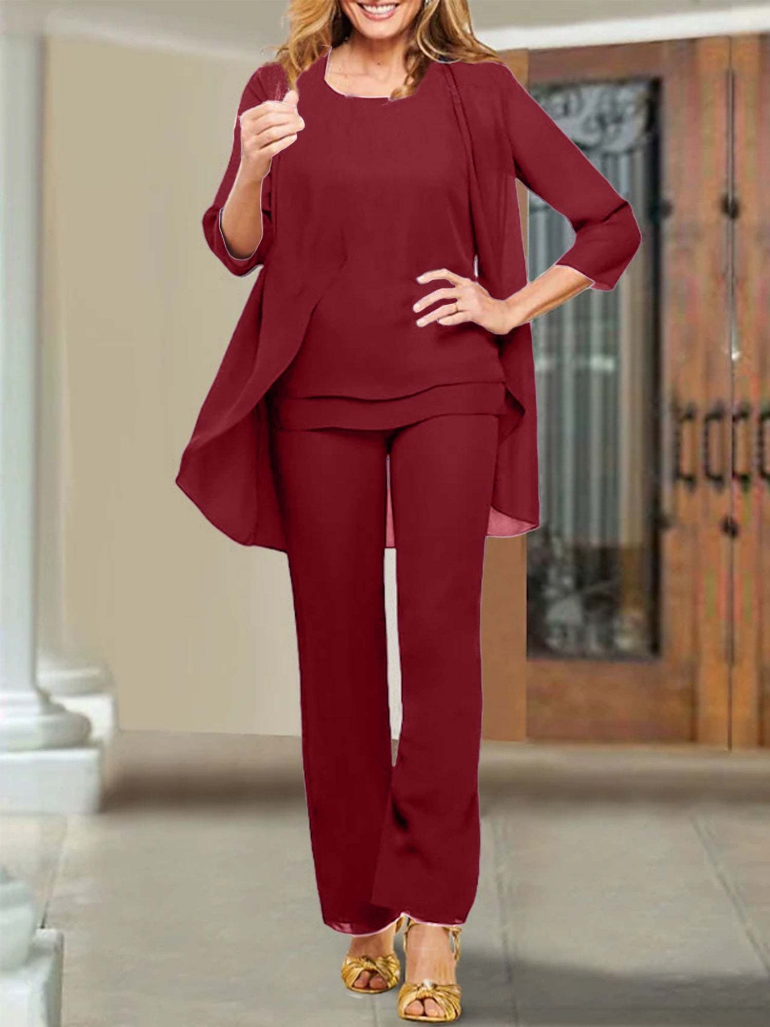 Mother of the Bride Scoop Neck Chiffon Pantsuits-BMbridal