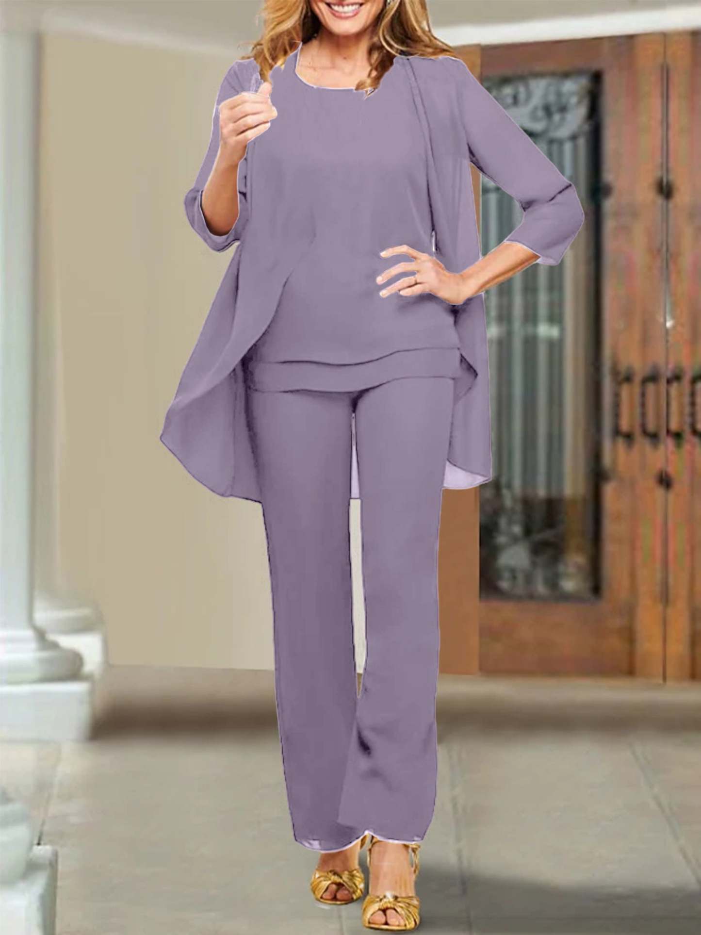 Mother of the Bride Scoop Neck Chiffon Pantsuits-BMbridal