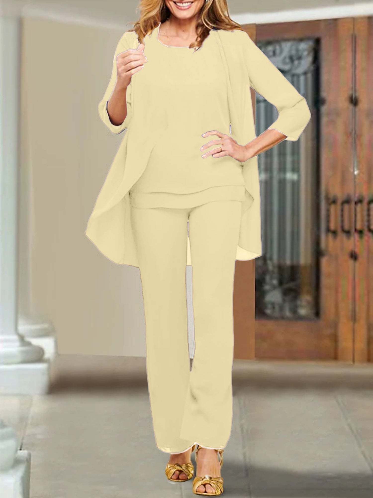 Mother of the Bride Scoop Neck Chiffon Pantsuits-BMbridal