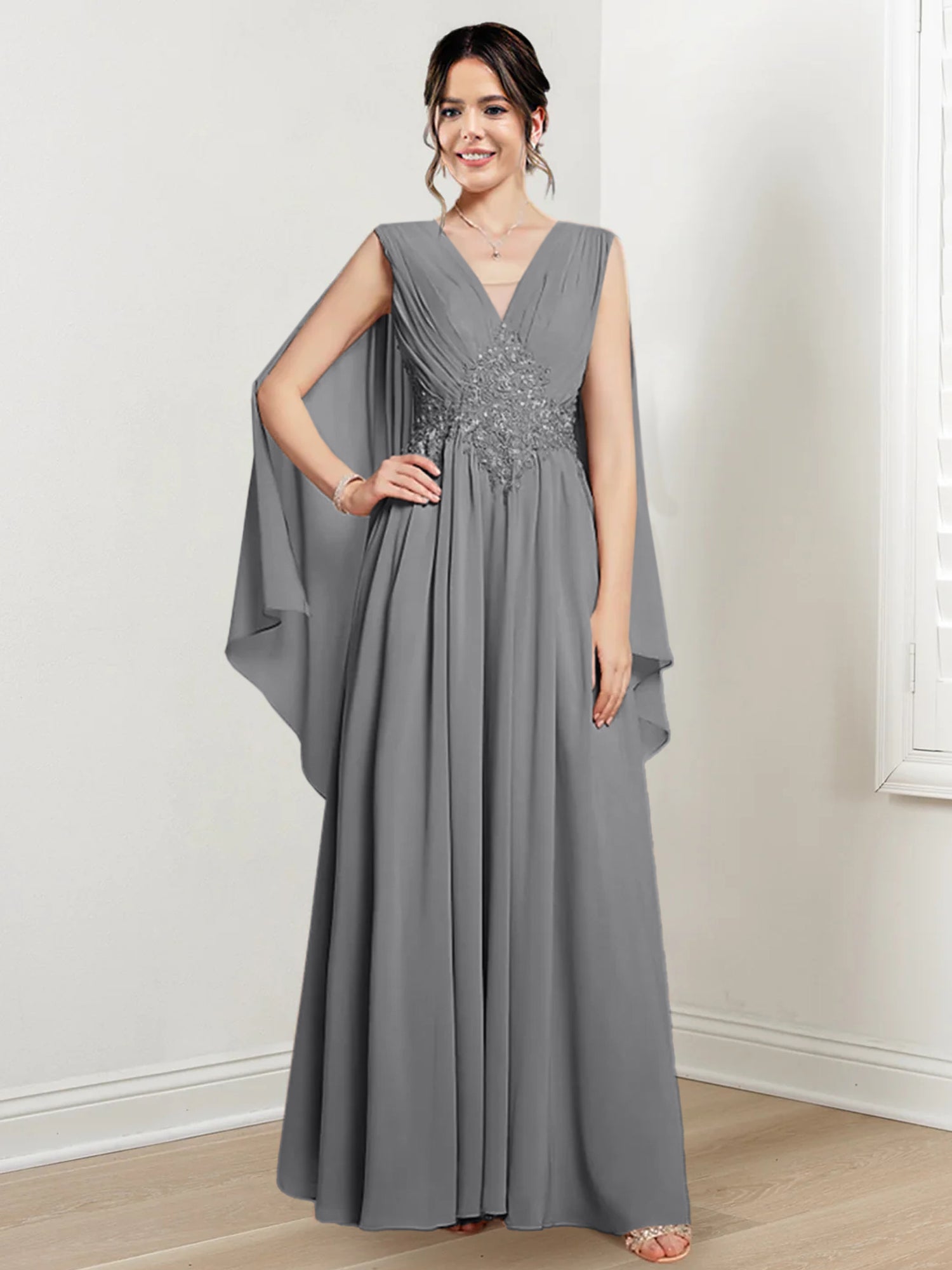 V-Neck A-Line Princess Floor-Length Dresses for the Mother of the Bride-BMbridal