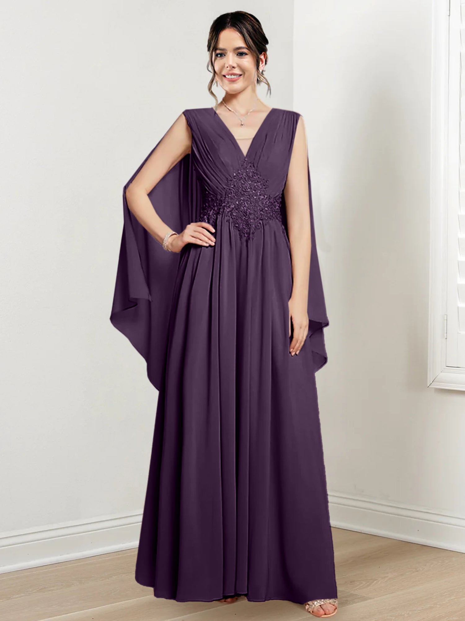 V-Neck A-Line Princess Floor-Length Dresses for the Mother of the Bride-BMbridal