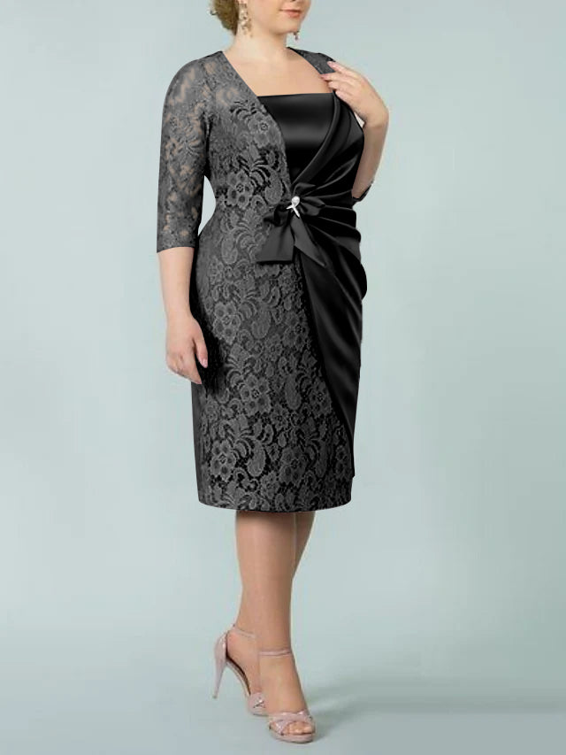 Square Neck Tea-Length Sheath/Column Dresses for the Mother of the Bride-BMbridal