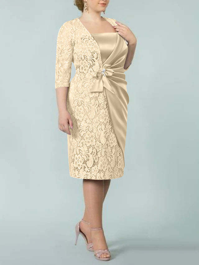 Square Neck Tea-Length Sheath/Column Dresses for the Mother of the Bride-BMbridal